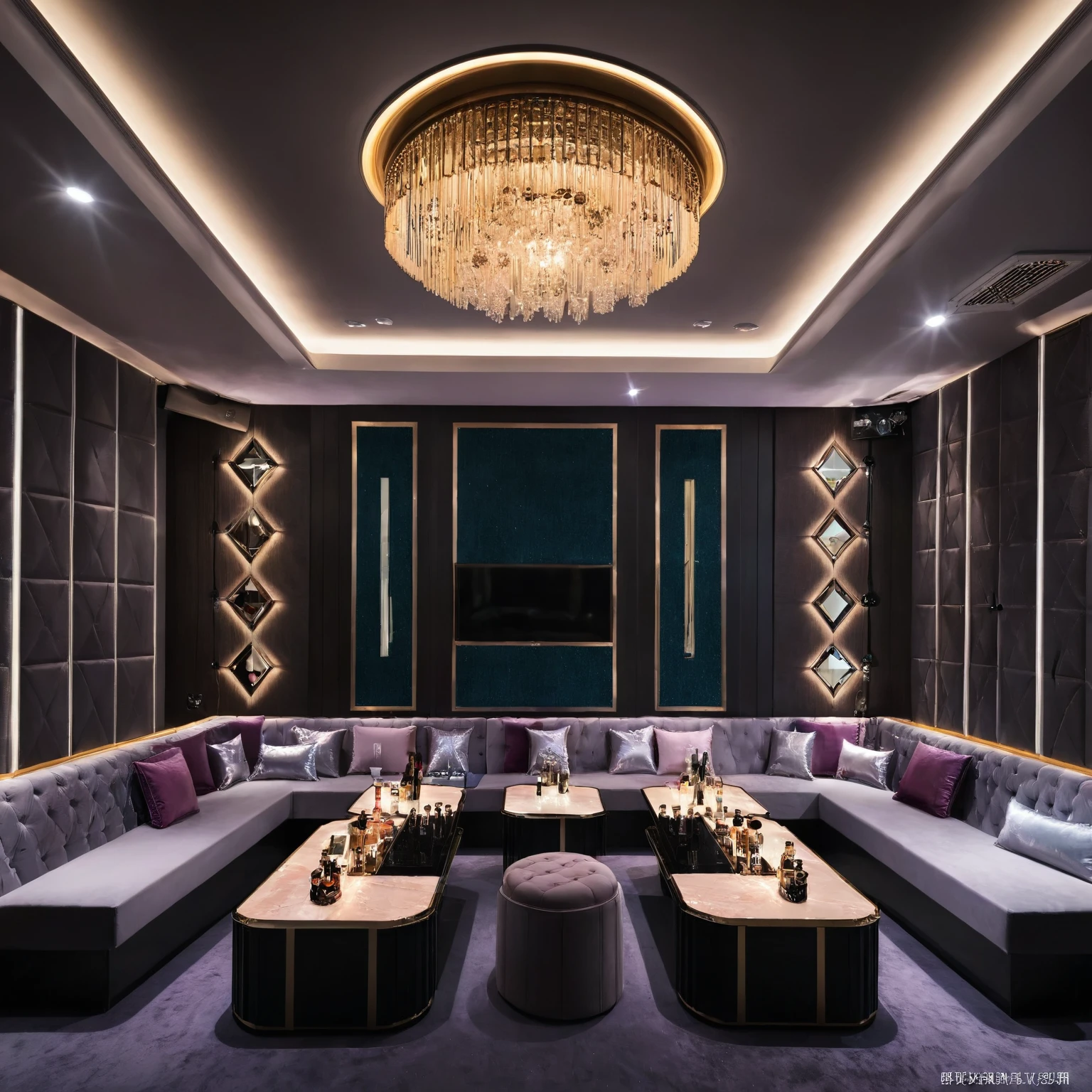 <lora:JJsKaraokeRoom_XL:1>,((Karaoke Room)), ((dramatic lighting)), Masterpiece, high quality, best quality, authentic, super detail ,  high quality, ceiling light,no humans, . night,  highly detailed, screen, sofa, table,