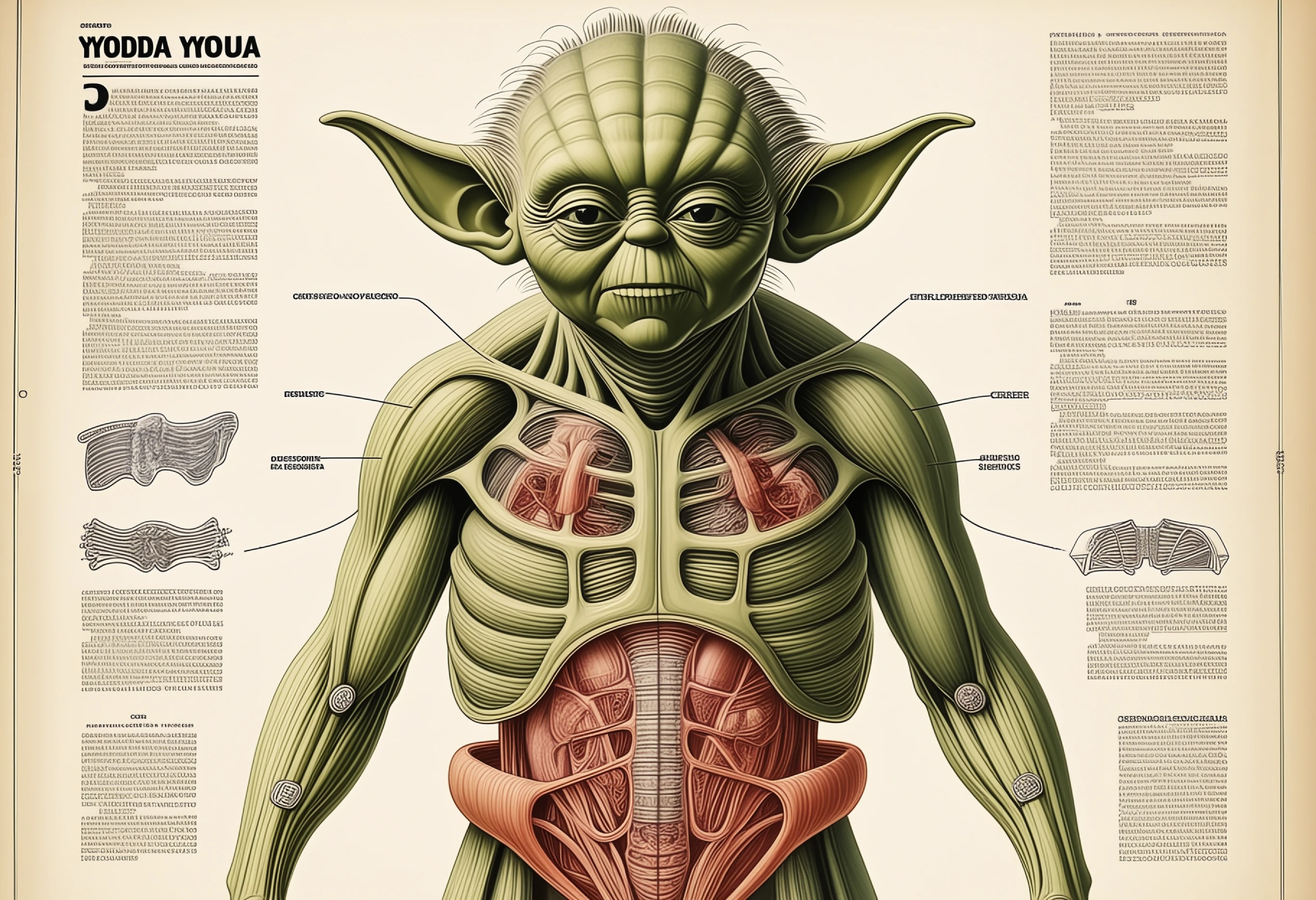 anatomical, This is an illustration that mimics a traditional anatomical chart, featuring a character resembling Master Yoda from the Star Wars franchise. The character is shown with part of its chest and abdomen 'opened' to reveal internal anatomy, such as muscular structure, ribs, and organs. Surrounding text and diagrams are reminiscent of medical educational materials, with labels likely indicating parts of the anatomy; however, the text is not written in English. The overall style is presented as a cross-section anatomical study of a fictional creature. 