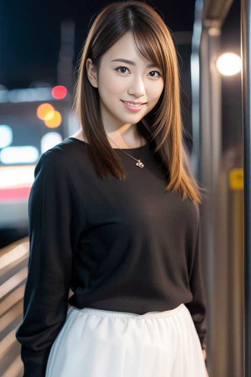 1girl,(RAW photo, best quality), (realistic, photo-realistic:1.4), masterpiece, an extremely delicate and beautiful, extremely detailed, 2k wallpaper, Amazing, finely detail, extremely detailed CG unity 8k wallpaper, ultra-detailed, highres, soft light, beautiful detailed girl, extremely detailed eyes and face, beautiful detailed nose, beautiful detailed eyes,cinematic lighting,perfect anatomy,slender body,smiling
city lights at night,at a train station in tokyo,(bokeh)
wearing blouse and skirt
<lora:fukuharakaori_lora:0.8>