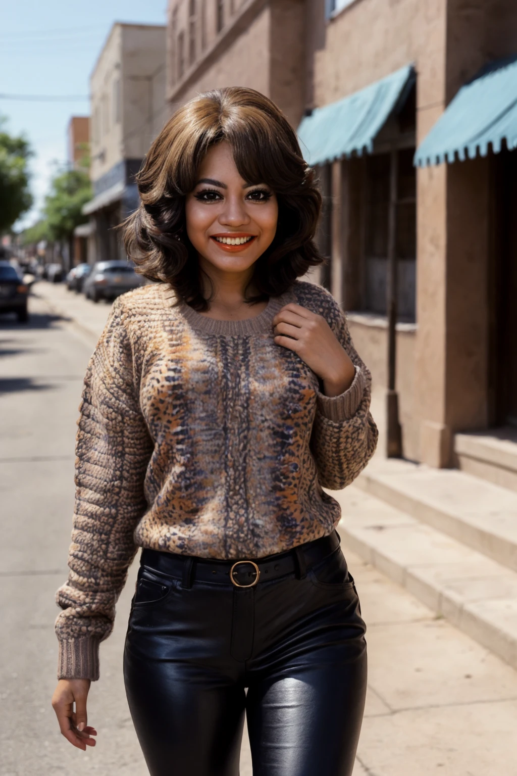 1girl, <lora:KittenN:0.9> kittenn, feathered hair, heavy eyeshadow, big grin, mexican, wearing a sweater and leather pants, walking in a small american town, (insanely detailed, detailed face,detailed eyes, masterpiece, best quality)