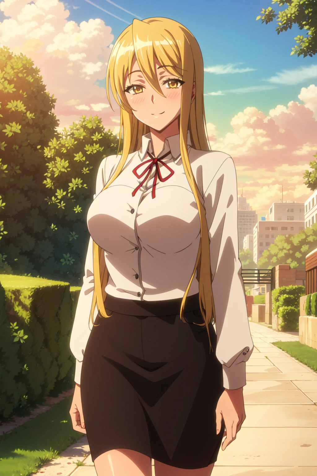 <lora:anime_screencap_v2:0.3> tall body, tall, long legs, mature female, mature, adult, <lora:GoodHands-beta2:1.4>, outdoors, park, garden, lake, sunshine, sunlight, bright, greenery
 <lora:eft_hotd_blonde-05:0.7> eft_hotd_blonde, 1girl, solo, long hair, blonde hair, breasts, skirt, large breasts, smile, ribbon, very long hair, shirt, underwear, hair between eyes, panties, looking at viewer, brown eyes, yellow eyes, long sleeves, outdoors, white shirt, black skirt, blush, sunset, hair ribbon, standing, sky