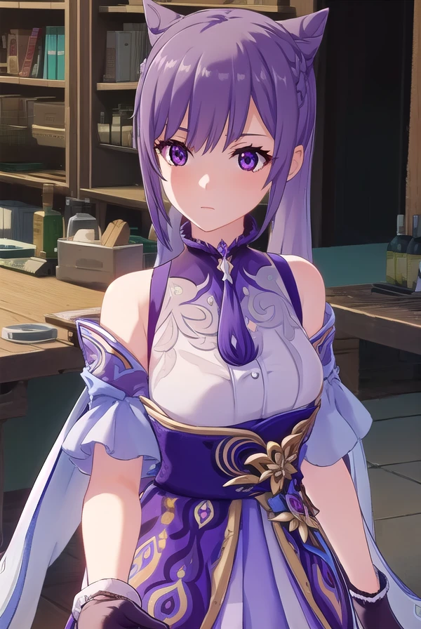 keqing, <lora:genshin keqing ingame-lora-nochekaiser:1>,
keqing, long hair, bangs, hair ornament, twintails, (purple eyes:1.1), purple hair, braid, hair bun, double bun, cone hair bun,
BREAK gloves, dress, bare shoulders, detached sleeves, choker, purple dress, purple gloves,
BREAK outdoors,
BREAK looking at viewer, (cowboy shot:1.5),
BREAK <lyco:GoodHands-beta2:1>, (masterpiece:1.2), best quality, high resolution, unity 8k wallpaper, (illustration:0.8), (beautiful detailed eyes:1.6), extremely detailed face, perfect lighting, extremely detailed CG, (perfect hands, perfect anatomy),