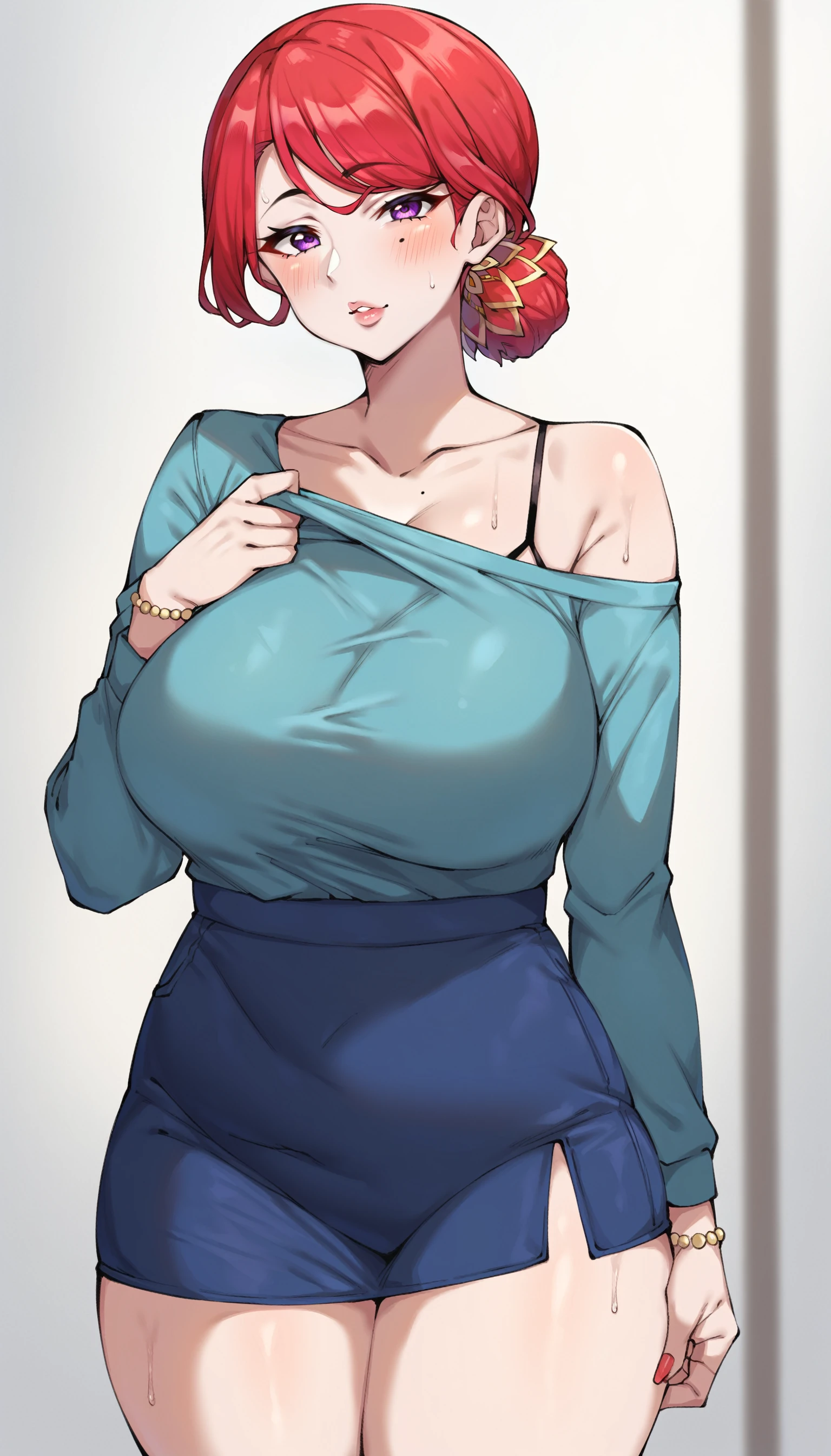 wral artstyle, score_9, score_8_up, score_7_up, score_6_up, score_5_up, score_4_up, source_anime, rating_safe, (momo_no_sukebe,:0.8), mature female, hongryeon, 1girl, solo, mole under eye, mole, single hair bun, hair bun, bangs, swept bangs, red hair, purple eyes, curvy, mature female, hair ornament,
violet off-shoulder shirt, skirt, rosy brown highleg panties <lora:hongpony:0.8>