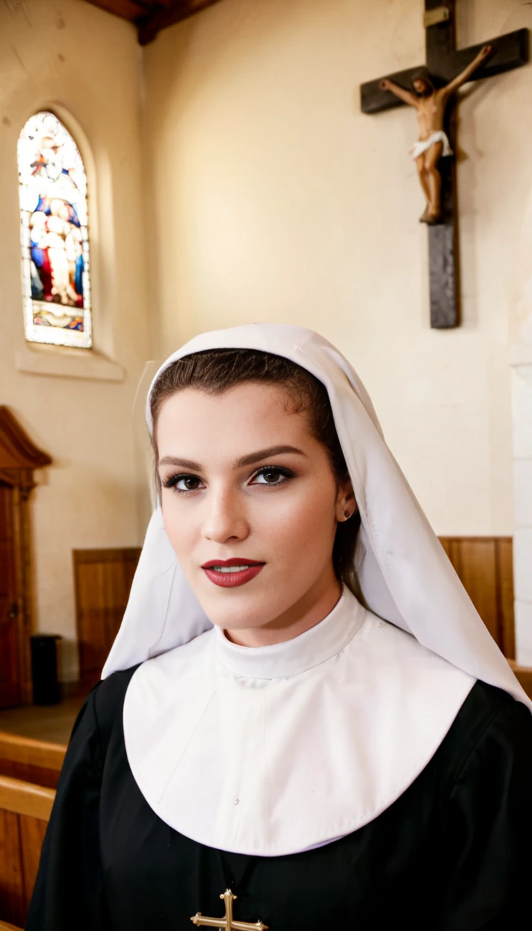 cinematic film still <lora:carrieemberlyn:1> carrieemberlyn as a nun in church . shallow depth of field, vignette, highly detailed, high budget, bokeh, cinemascope, moody, epic, gorgeous, film grain, grainy