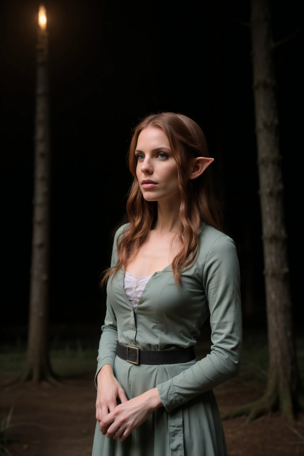 female elf mage at night in the forest, atmospheric, cinematic, high detail, masterpiece , gothic <lora:MJ_RED_1_SD15_V1:0.75> mjred1