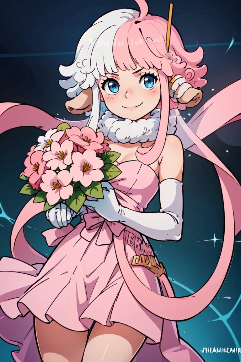 ((masterpiece,best quality)),  <lora:Vegapunk_Atlas:0.8> Vegapunk_Atlas, solo, 1girl,  blue eyes,  multicolored hair, split color hair, pink hair, white hair, fur trim, solo, smile, looking at viewer, cowboy shot,  bride, wedding dress, bridal veil, strapless dress, elbow gloves,  holding bouquet,