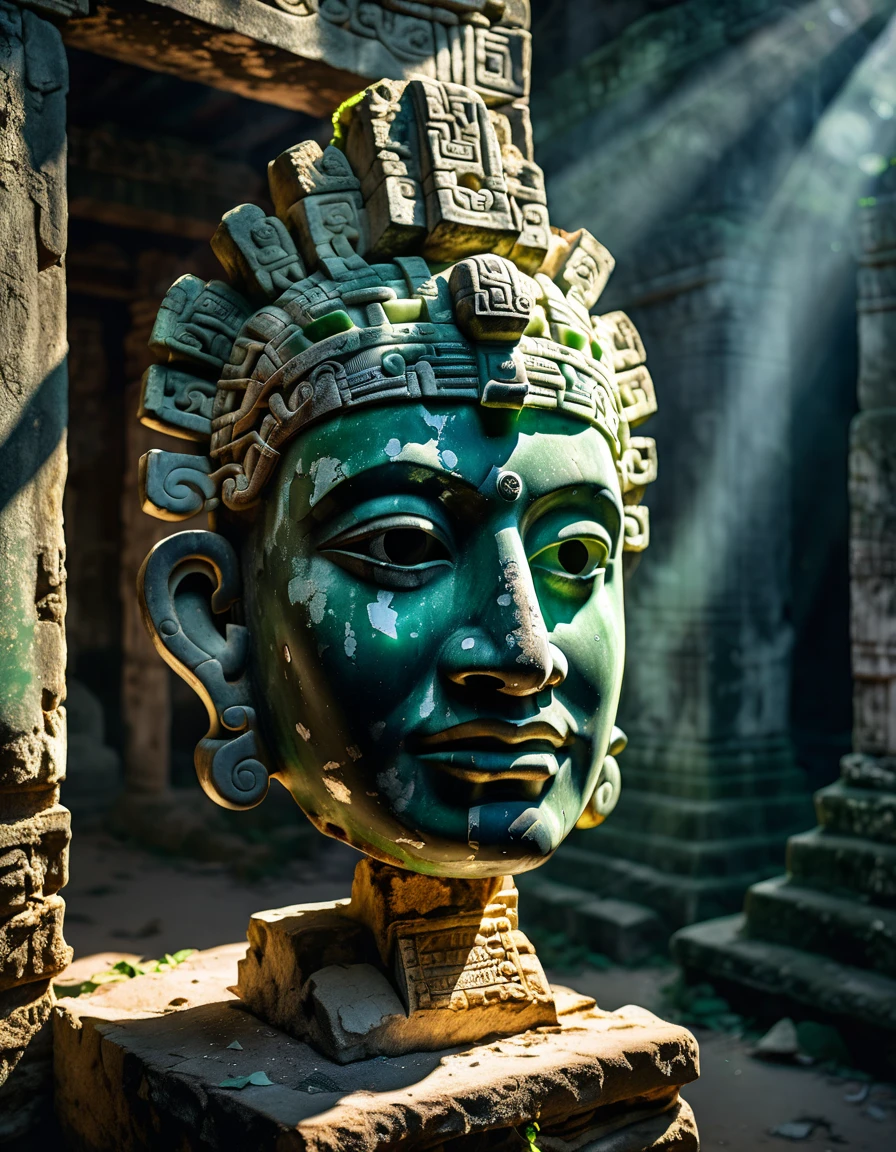 Ancient Mayan jade mask amidst decaying sunlight streaming through an abandoned temple, tag1: archaeological discovery, tag2: tropical humidity