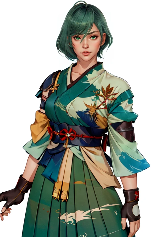 masterpiece,best quality,extreme detail,8k,white background,<lora:tamaki-10:0.8>,green hair,realistic,Pale green eyes,tamakidoa,1girl,solo,looking at viewer,short hair,skirt,gloves,brown eyes,japanese clothes,fingerless gloves,sash,obi,hakama,hakama skirt,