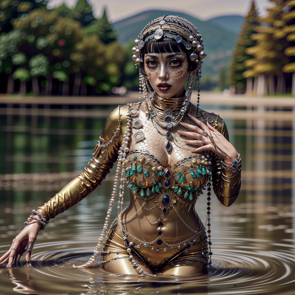 j3nn1f3rti4a as j1b4r0, with a face painted and beads on her hands and face, dynamic pose, contortionist, dark theme, bright glints, arched back, baroque <lora:Jibaro_-_Love_Death__Robots:1> full body, (dancing sinuously), action shot, waves, ripples, body dripping with jewels, dancing in lake, body reflected in water, chains, pearl beads, beads, alluring, beguiling, seductive, glints off water, depth of field, selective focus, f1.2, bokeh, heavy makeup, breasts, blunt bangs, sexy body, vivid colors, slender, flexible <lora:epiNoiseoffset_v2:0.5>