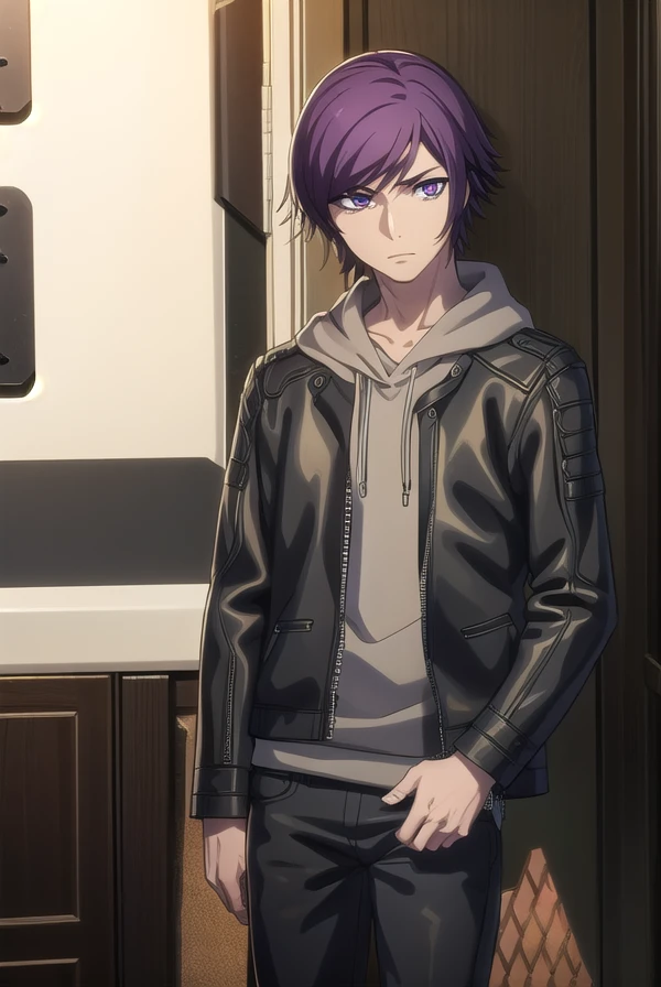 akudamacourier, <lora:akudama courier s1-lora-nochekaiser:1>,
courier, short hair, bangs, purple hair, male focus, (purple eyes:1.1),
BREAK jacket, open clothes, pants, hood, open jacket, black jacket, hoodie, black pants, hood down,
BREAK outdoors, city,
BREAK looking at viewer, (cowboy shot:1.5),
BREAK <lyco:GoodHands-beta2:1>, (masterpiece:1.2), best quality, high resolution, unity 8k wallpaper, (illustration:0.8), (beautiful detailed eyes:1.6), extremely detailed face, perfect lighting, extremely detailed CG, (perfect hands, perfect anatomy),