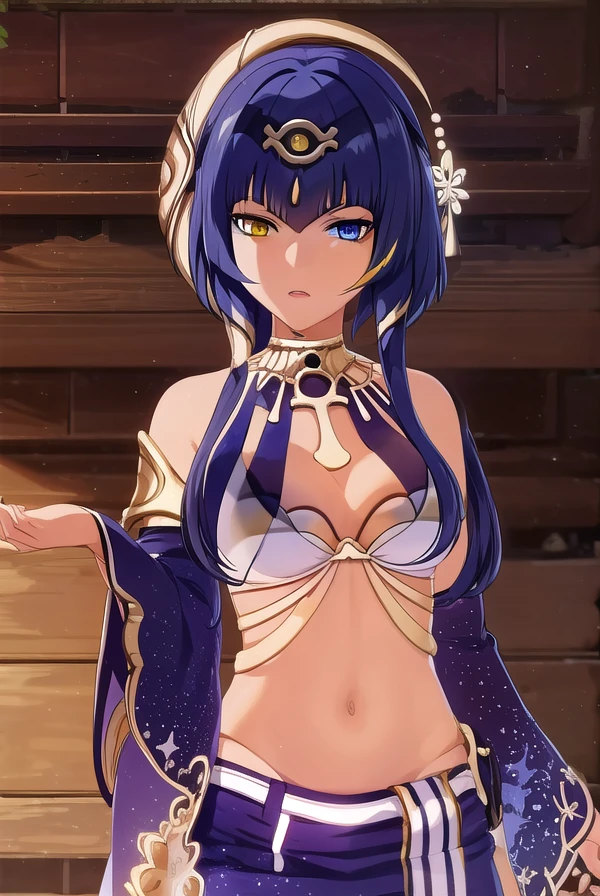 genshincandace, <lora:genshin candace ingame-lora-nochekaiser:1>,
candace, bangs, blue eyes, hair ornament, blue hair, (yellow eyes:1.3), sidelocks, dark skin, dark-skinned female, (heterochromia:1.5), short hair with long locks, eye of horus,
BREAK navel, jewelry, detached sleeves, nail polish, egyptian clothes,
BREAK outdoors,
BREAK looking at viewer, (cowboy shot:1.5),
BREAK <lyco:GoodHands-beta2:1>, (masterpiece:1.2), best quality, high resolution, unity 8k wallpaper, (illustration:0.8), (beautiful detailed eyes:1.6), extremely detailed face, perfect lighting, extremely detailed CG, (perfect hands, perfect anatomy),