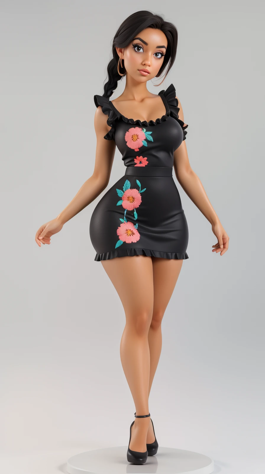 <lora:Sexy-Bolivian:1> black hair, braided sidetails, black hair, black eyes, tanned skin, (black frilled skirt mini dress with floral embroidery), looking at viewer, perfect hands, big breast, wide hips, thick thighs, ultra realistic digital art, a 3D render, photorealism, clean scene, white background, circular base, <lora:p3r3zstyle_v3:0.4> <lora:P2p0:0.4> <lora:Sexy-Figures:1>