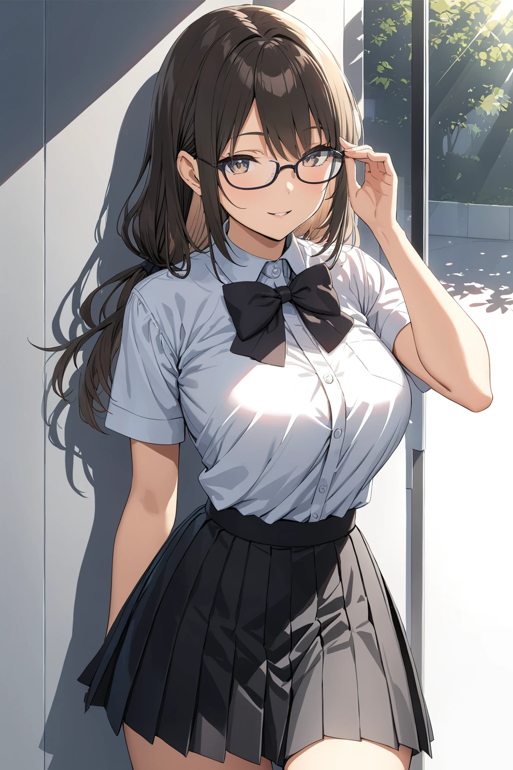 extremely detailed fine touch, natural light, sun light, light rays, dappled light, reflection, shadows, ray tracing, masterpiece, best quality, highly detailed,
 <lora:yurie(sdxl):0.4>  yurie, 1girl, adjusting eyewear, black bow, black skirt, bow, bowtie, breasts, cowboy shot, eyebrows visible through hair, glasses, large breasts, long hair, looking at viewer, pleated skirt, school uniform, shirt, shirt tucked in, short sleeves, skirt, smile, solo, tented shirt, white shirt