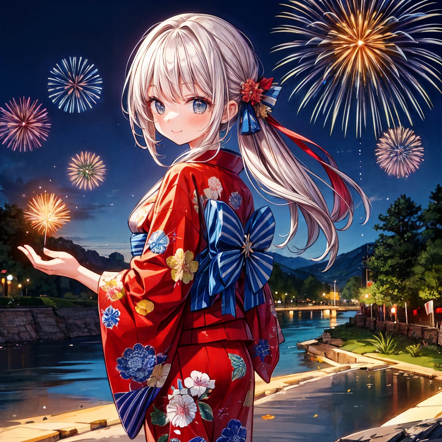 anime girl in kimono outfit standing on bridge with fireworks in background, cute anime waifu in a nice dress, beautiful anime girl, anime style 4 k, in a kimono, best anime 4k konachan wallpaper, beautiful anime portrait, pretty anime girl, anime visual of a cute girl, anime vibes, attractive anime girl, in kimono, cute anime girl