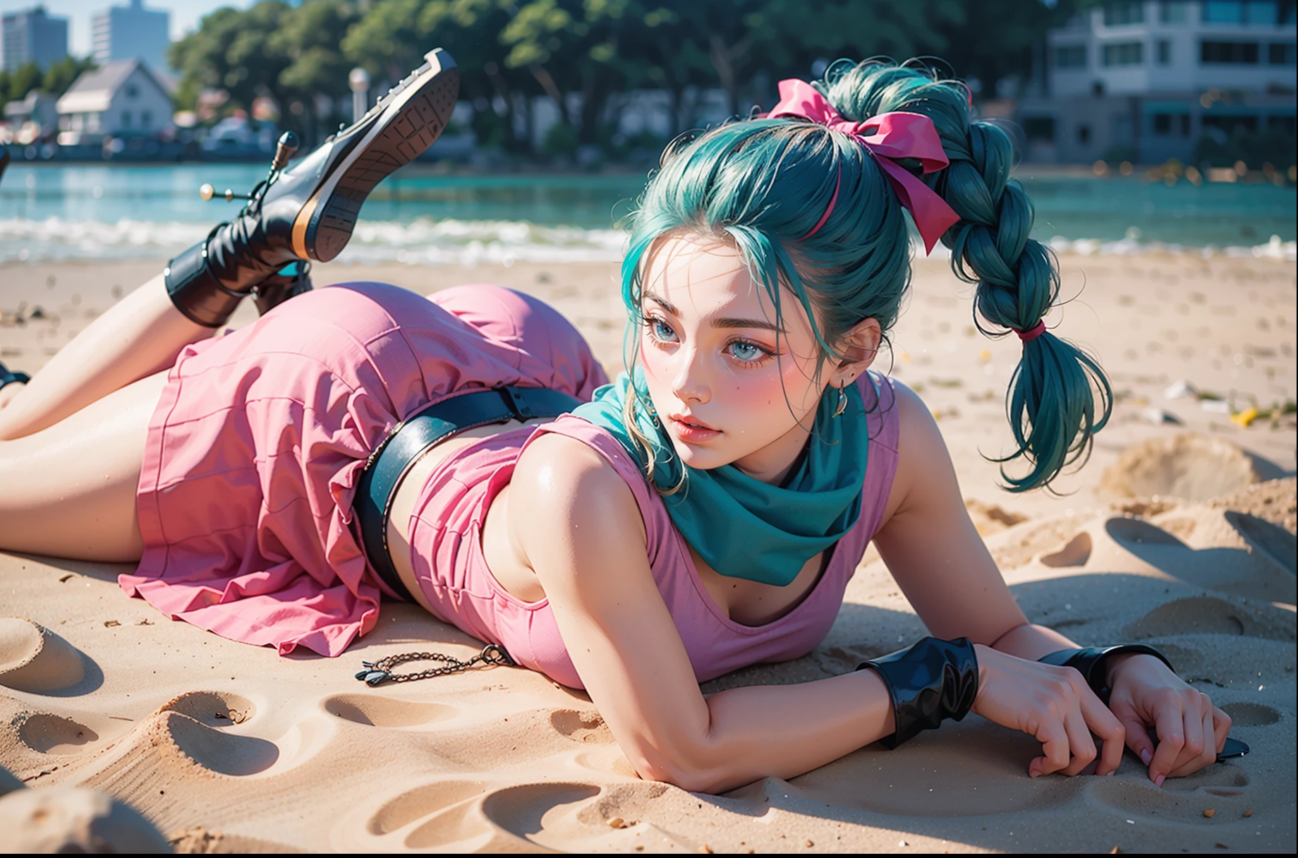 Best quality, masterpiece, ultra high res, raw photorealistic photo , shot with iphone, beautiful and aesthetic,deep shadow, dark theme,(photorealistic:1.4), <lora:bulma_9:0.6> , real life human, full body , laying in sand at beach , 
dragon ball, blmlong, aqua hair, blunt bangs, long hair, playboy bunny, rabbit ears, black pantyhose, red bowtie, wrist cuffs, black leotard, large breasts, medium breasts, 
Graceful poise, evocative atmosphere, magnetic presence, refined seduction, captivating mystique, 
Intricate zentangle patterns, a single female figure, astonishing level of detail, generously endowed, portrait composition, striking perspective, a chaotic masterpiece, gracefully poised, inspired by brutalist architecture, vibrant color palette, undertones,