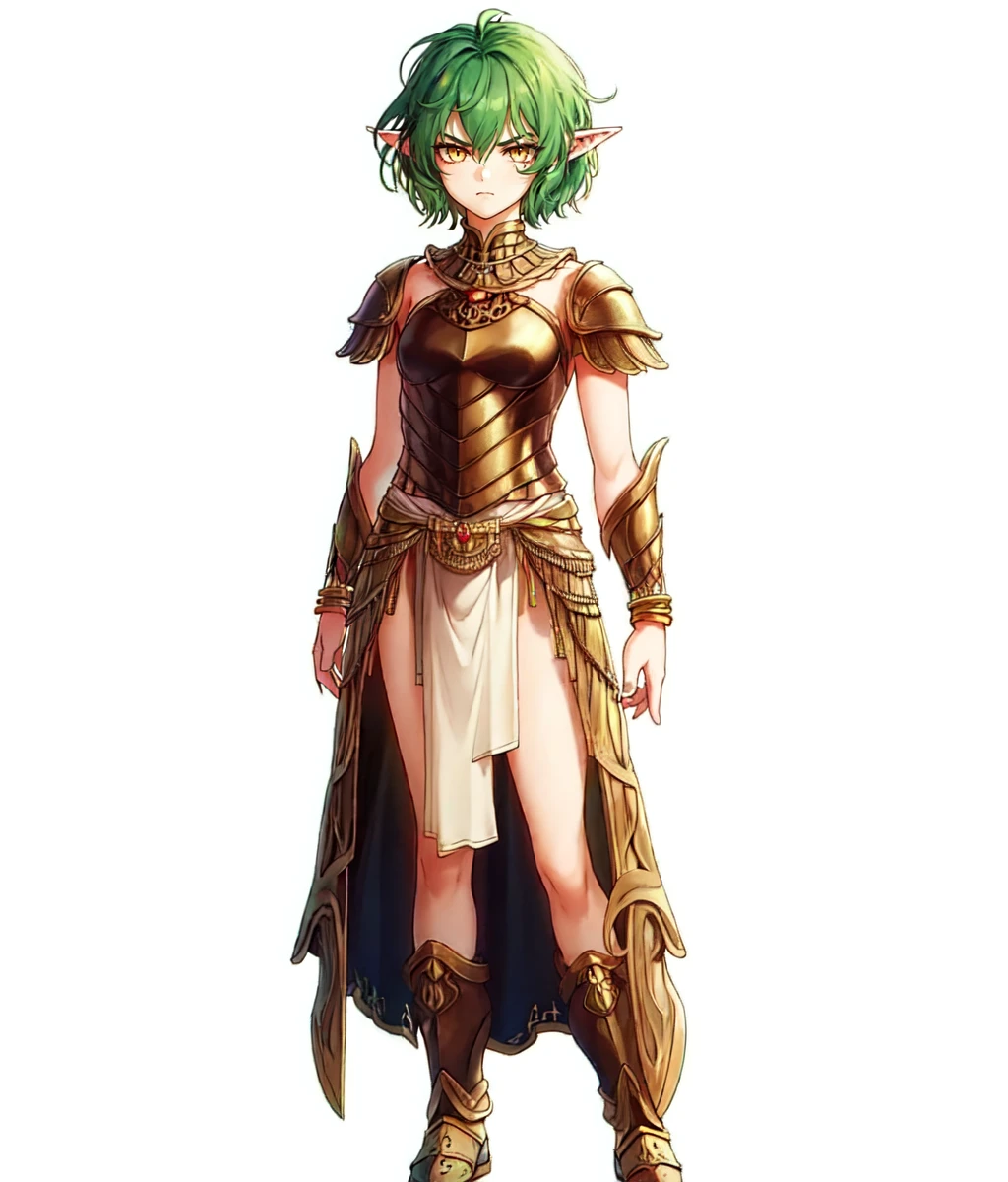 masterpiece, white background, simple background , standing, full body, 1girl, solo, looking at viewer, green hair, short hair, medusa, serious, yellow eyes, slit pupils, pointy ears, loincloth, greek armor, partial armor, gold bracelets, greek clothes, small breasts, spear <lora:Females Suiko:0.8>