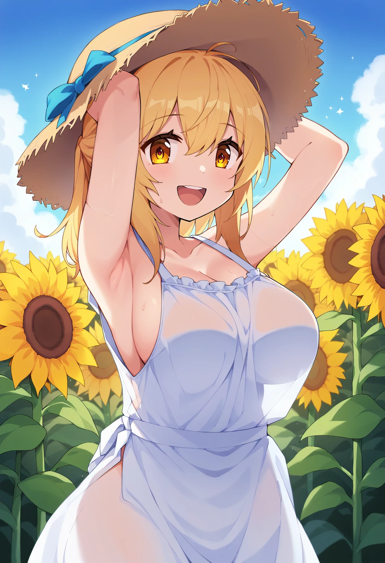 score_9, score_8_up, score_7_up, flower field, sunflower, sunflower field, sunset,
BREAK
source_anime,
BREAK
1girl, sundress, sunhat, blonde hair, large breasts, see-through silhouette, happy, hair between eyes,
arms up, armpits,
<lora:Dev_Voxy-v1-PDXL:1>