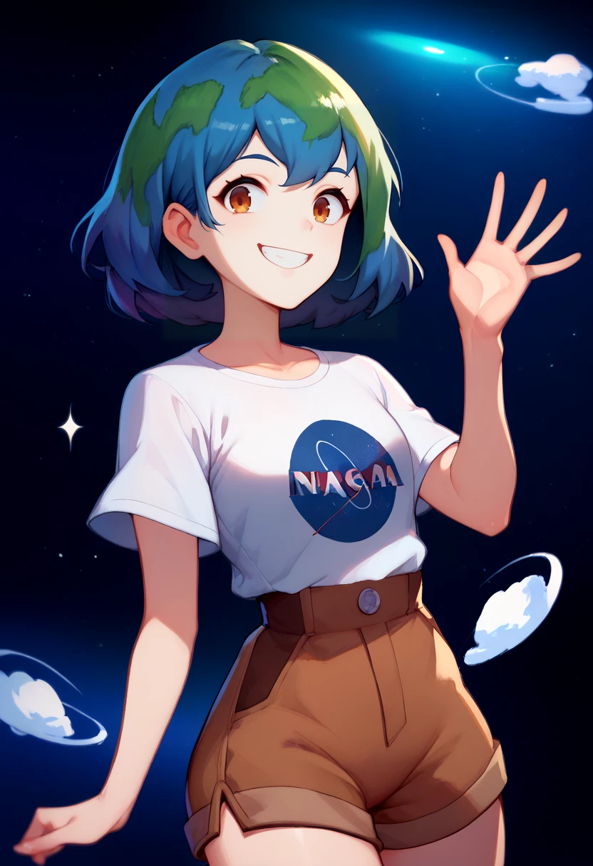 score_9, score_8_up, score_7_up, solo, 1girl, earth-chan, smile, looking at viewer, waving, white shirt, short sleeves, brown shorts, outer space <lora:style_notsorapoi_ponyXL-12:1> <lora:gijinkaseries_earth_ponyXL:1>