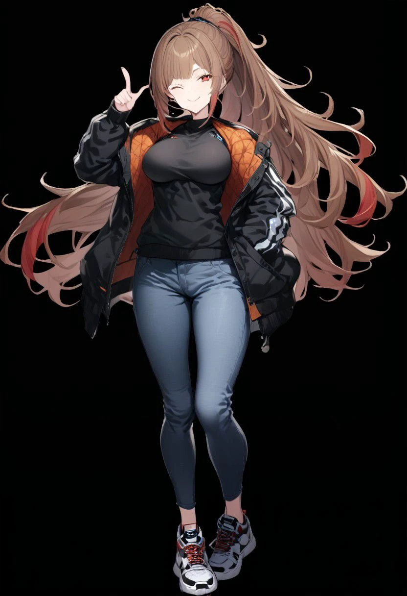 masterpiece, best quality, ultra-detailed, beautiful, nai3, 
hand_on_hip, 1girl, shoes, one_eye_closed, index_finger_raised, ponytail, jacket, full_body, sneakers, pants, solo, long_hair, looking_at_viewer, smile, shirt, black_pants, hand_in_pocket, pointing, breasts, standing, brown_hair, bangs, pointing_up, open_clothes, closed_mouth, red_hair, open_jacket, medium_breasts