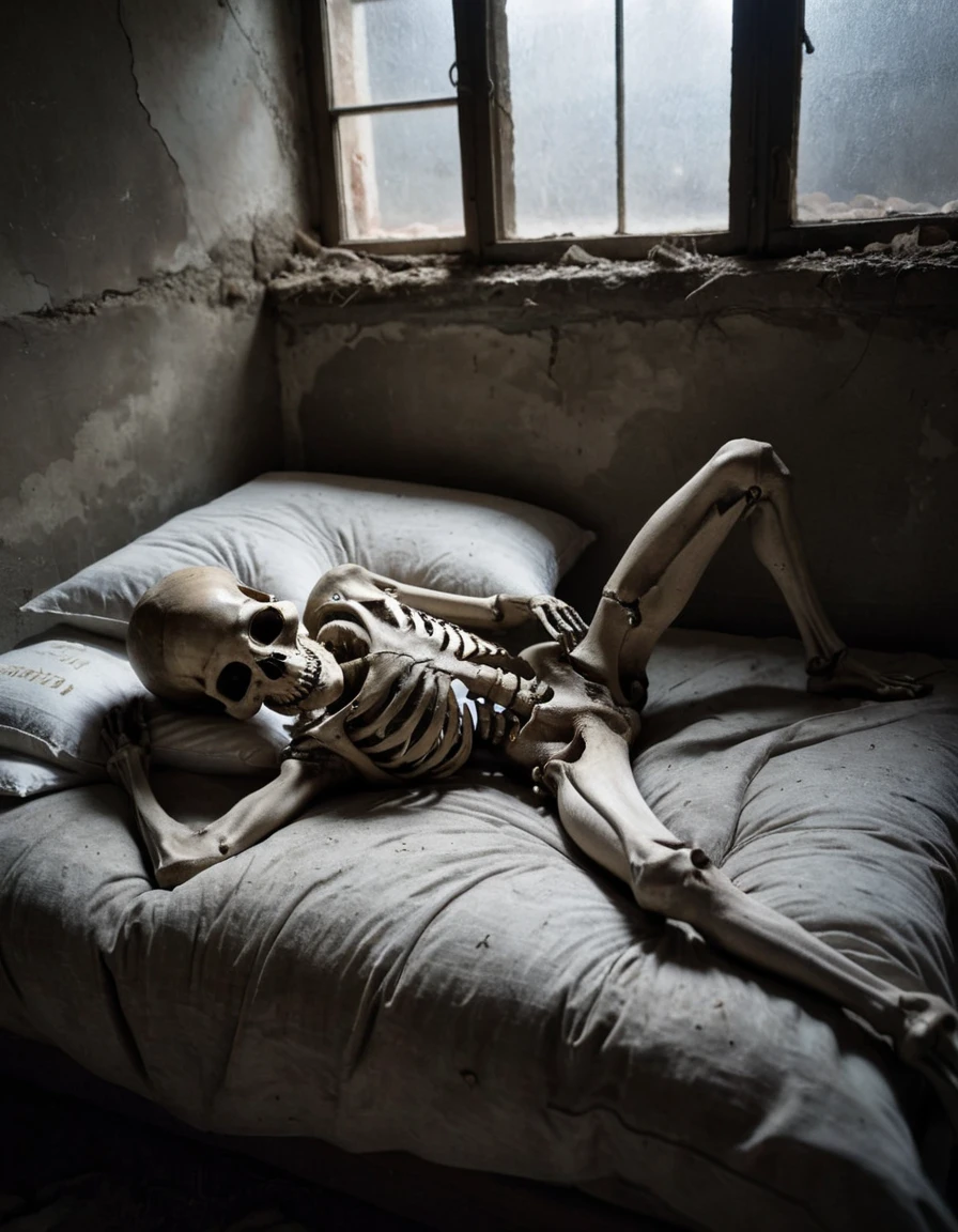 A photo of a (giant skeleton:1.3) (sprawled nude:1.1) across a bed, (oversized bones:1.2) contrasting with (delicate fabric:1.1), (skull resting on a pillow:1.2), (empty eye sockets:1.1) staring into the void, (ancient coins and dust:1.1) scattered around, (faint moonlight:1.1) filtering through a (cracked window:1.1), (atmosphere of forgotten legends:1.2), (chilling stillness:1.1), Nikon D850, 1/50s, f/3.5, ISO 800, (haunting shadows:1.1), (meticulous bone texture:1.1), (eerie monochrome palette:1.1), high-resolution capture, (narrative depth:1.1).