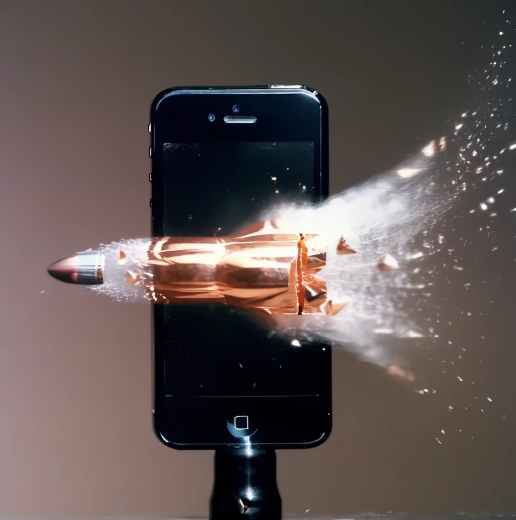 motioshot a bullet from a gun bursts a cell phone high-speed photography <lora:motioshot:1>