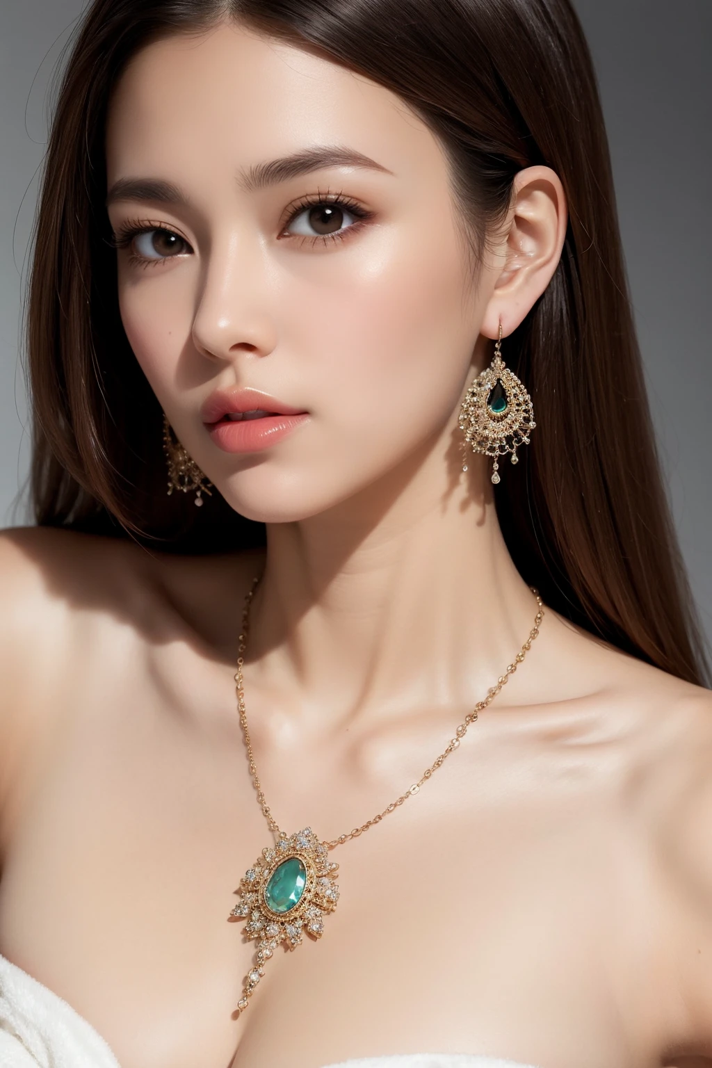 beautiful woman, Detailed Skin Textures and detailed skin pores ,(Detailed glans) and beautiful mouth and face, earrings, necklace,