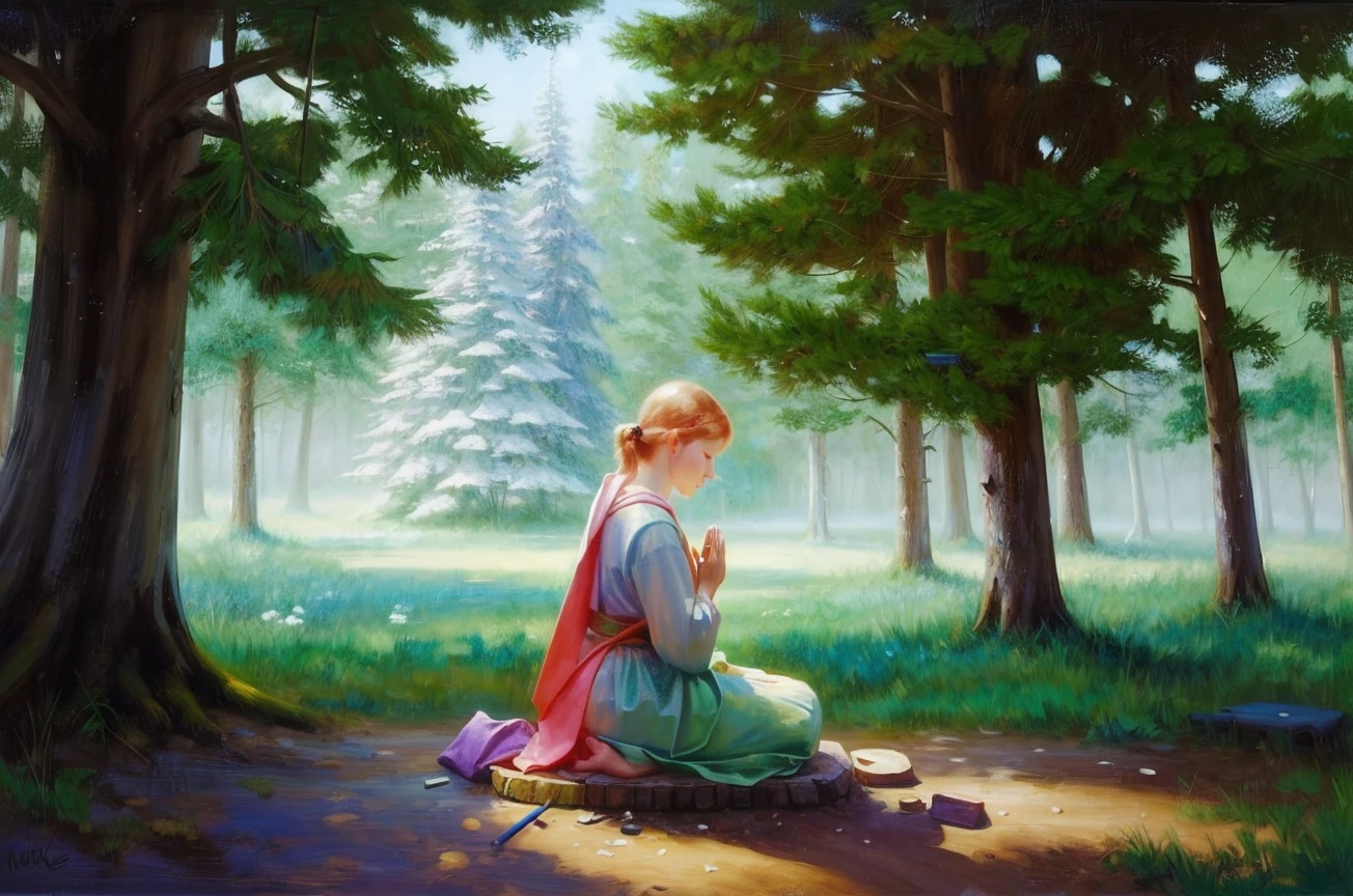 digioils style, a painting of a woman praying near a shrine, lost forest, magical, candy colours, (neon colours:1), neutral colours,<lora:Digitalpainterlyoils-06:0.8>