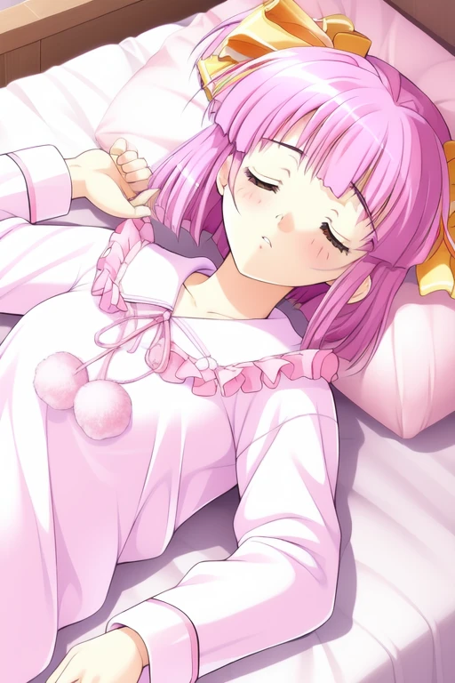 <lora:Itsuki_Momoko:0.8>, ItsukiMomoko, 1girl, solo, pink hair, closed eyes, bed, sleeping, pajamas, short hair, pillow, lying, ribbon, pom pom (clothes), on back, twintails, hair ribbon, long sleeves,
 masterpiece, high quality, very_high_resolution, large_filesize, full color,