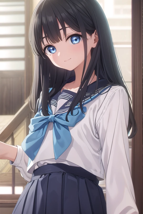 komichiakebi, <lora:komichi akebi s1-lora-nochekaiser:1>,
komichi akebi, long hair, bangs, blue eyes, black hair, smile,
BREAK shirt, long sleeves, bow, school uniform, white shirt, serafuku, sailor collar, neckerchief, blue bow, black sailor collar, blue neckerchief,
BREAK indoors, classroom,
BREAK looking at viewer, (cowboy shot:1.5),
BREAK <lyco:GoodHands-beta2:1>, (masterpiece:1.2), best quality, high resolution, unity 8k wallpaper, (illustration:0.8), (beautiful detailed eyes:1.6), extremely detailed face, perfect lighting, extremely detailed CG, (perfect hands, perfect anatomy),