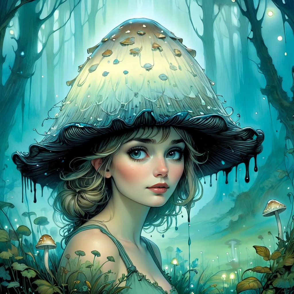 A fairy with a ((shaggy-ink-cap mushroom hat with drips)) on her head,  enchanted night meadow,  bioluminescent,  detailed setting,  mystic fog,  chris riddell,  arthur rackham,  greg tocchini,  anna dittman,  pixar , Decora_SWstyle,<lora:EMS-300134-EMS:0.700000>,<lora:EMS-261918-EMS:0.400000>