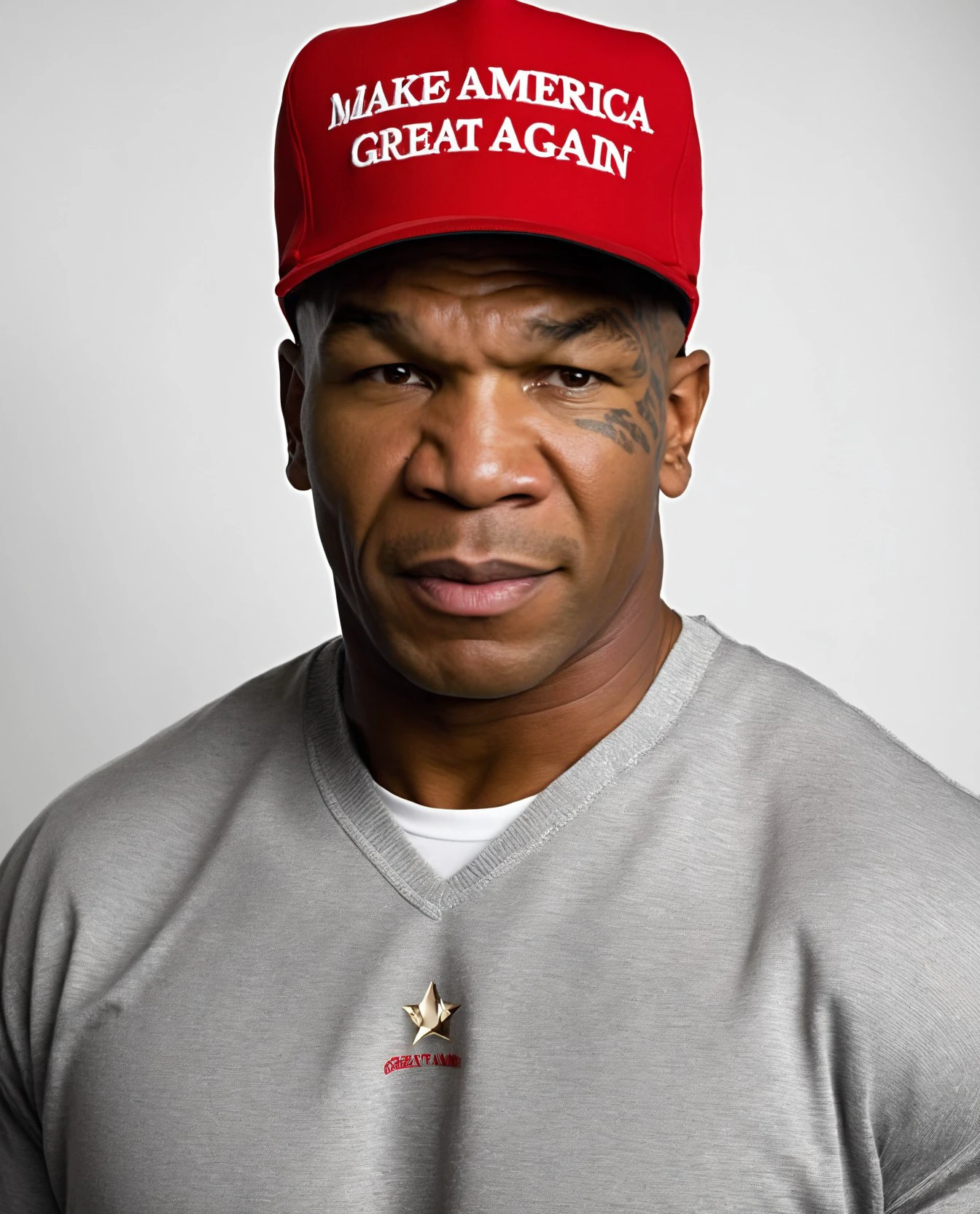 man wearing red maga hat. centered. Mike Tyson. looking at viewer. text "make america great again". epic. highres. detailed. realistic. hat focus. best quality. masterpiece.([:hat with text "make america great again":0.25]:1.1). <lora:maga_hat_optimized:1>