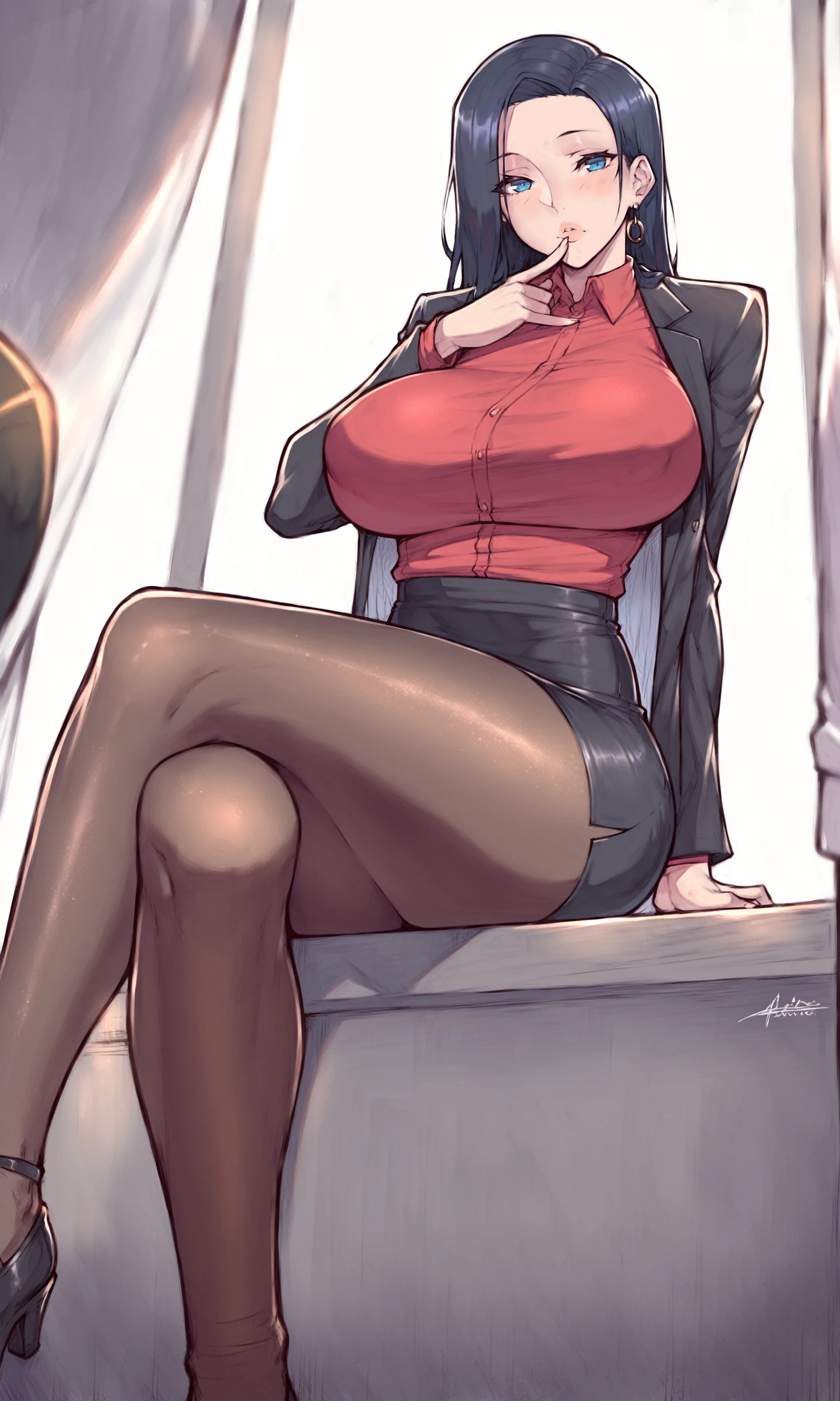 score_9, score_8_up, score_7_up, score_6_up, score_5_up, score_4_up, source_anime, asura \(asurauser\), (cutesexyrobutts:0.55), (sano_toshihide:0.8), invdragon, 1girl, red shirt, pantyhose, shirt, skirt, sitting, crossed legs, black footwear, black skirt, collared shirt, jacket, blush, solo focus, black jacket, pencil skirt, miniskirt, dress shirt, thighs, long sleeves, jacket on shoulders, suit, dark blue hair, blue eyes, large breasts, long hair, bangs, straight hair, parted bangs, looking at viewer, straight-on <lora:Dragon5Pony:0.73>