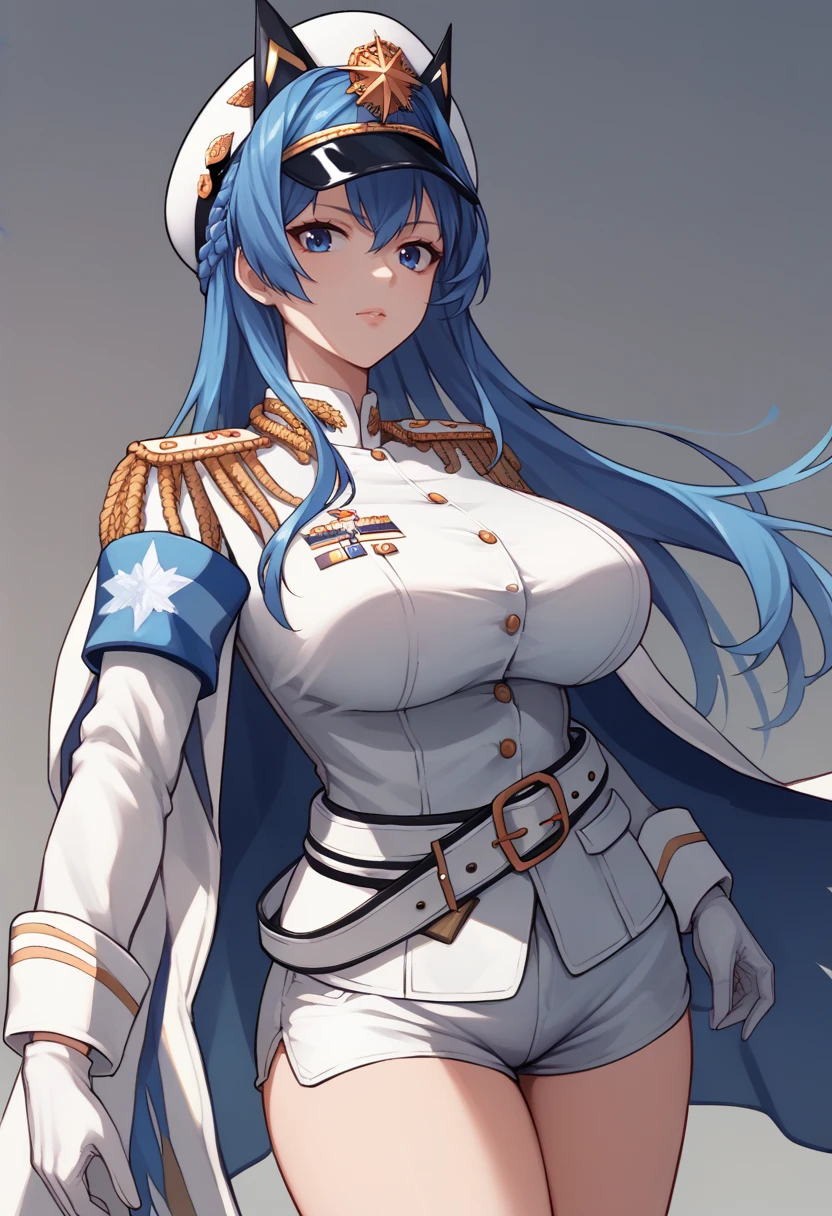 score_9, score_8_up, score_7_up, source_anime BREAK 1girl, solo, <lora:helm-nikke-richy-v1_pdxl:1> helmdef, blue hair, long hair, braid, peaked cap, blue eyes, epaulettes, military uniform, white jacket, armband, white gloves, belt, white shorts, thighs, large breasts, standing, looking at viewer