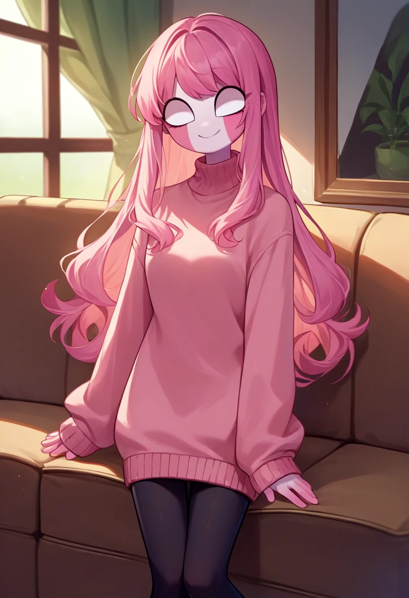 score_9, score_8_up, score_7_up, source_anime, rating_safe, solo, 1girl, sarvente, colored skin, smile, looking at viewer, long hair, pink hair, blank eyes, pink sweater, sweater dress, black pantyhose, indoors, living room <lora:fnf_sarvente_ponyXL:1>