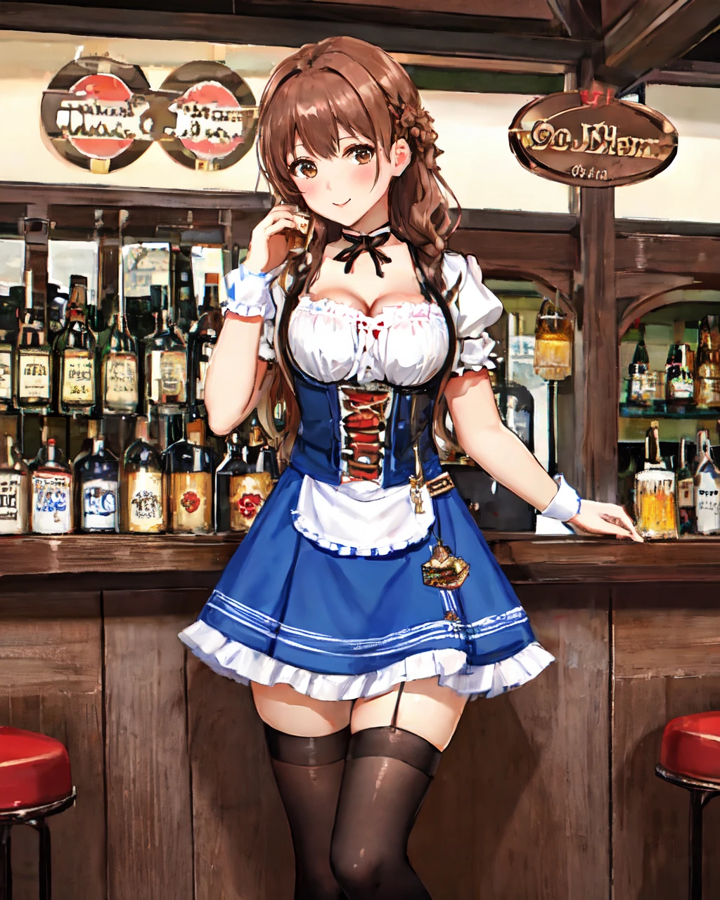 A tall, female barmaid, pretty, fantasy tavern, standing behind a counter, fantasy blouse, clothes, loose blouse, fantasy, white dress, brown corset, clothed, clothes, long dress, animated, cartoon, anime