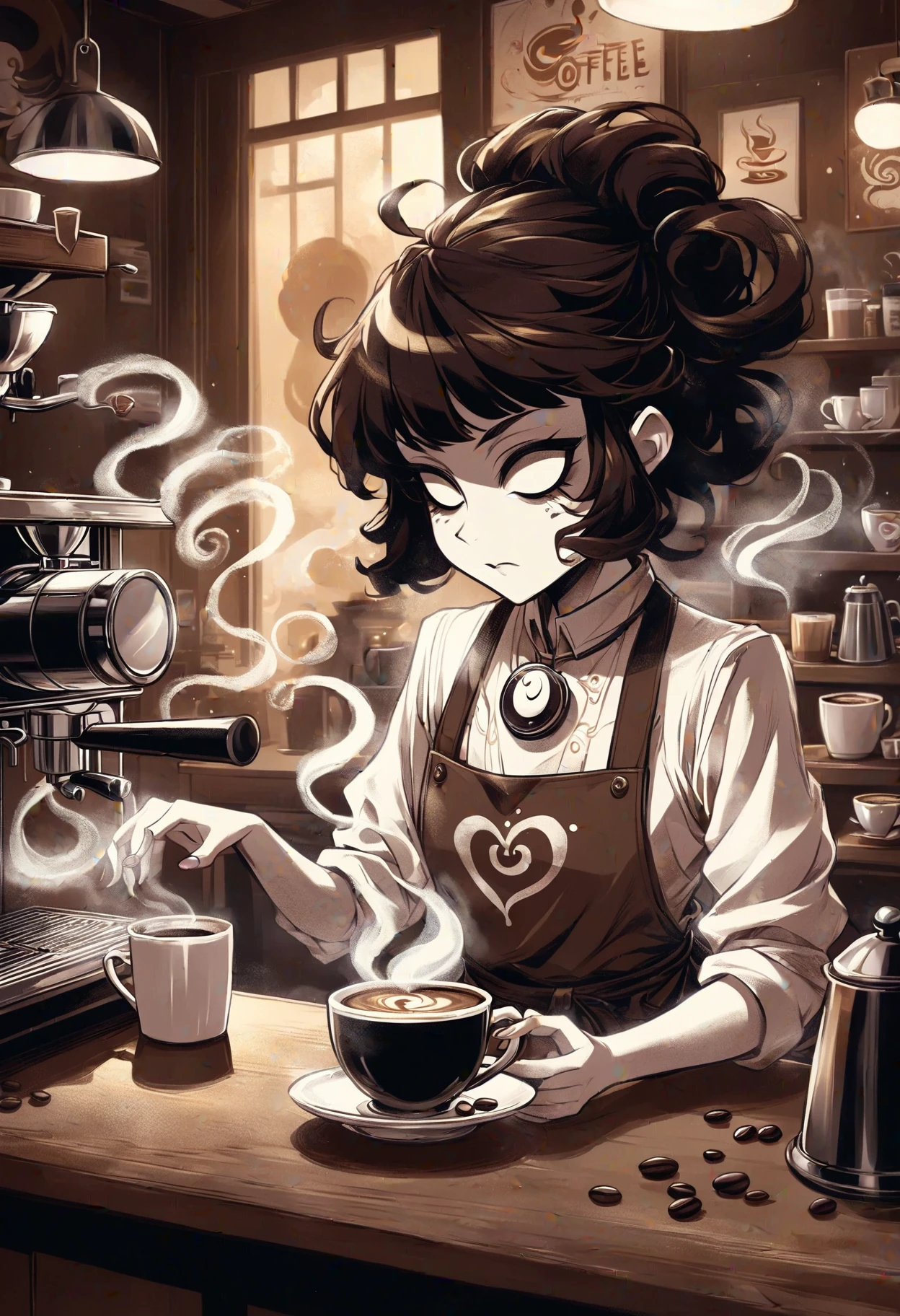 DonMD4rkT00nXL anime female coffee spirit, coffee spirit, transparent Ethereal entity embodying the essence of coffee, aroma of freshly brewed coffee, eyes shimmer like coffee beans, swirls of steam, human-like form, energy, inspiration, warmth, cozy morning, cafes, spreading comfort and alertness, accessories related to coffee culture, barista apron <lora:DonMD4rkT00nXL-000008:1>
