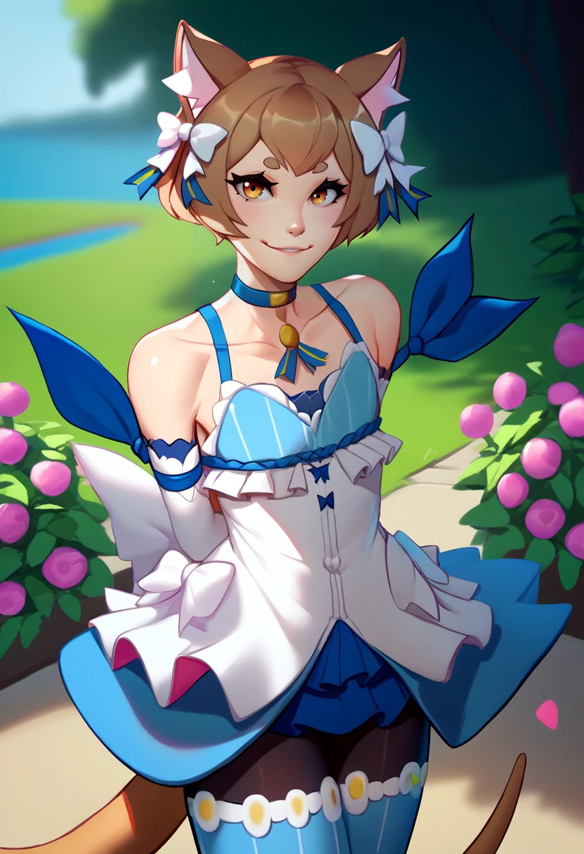 score_9, score_8_up, score_7_up, solo, male focus, 1boy, felix argyle, otoko no ko, smile, looking at viewer, arms behind back, hair bow, dress, striped, ribbon, detached sleeves, pantyhose, blue choker, tail, collarbone, bare shoulders, outdoors <lora:style_qt0ri_ponyXL-000011:1> <lora:rezero_felixargyle_ponyXL:1>