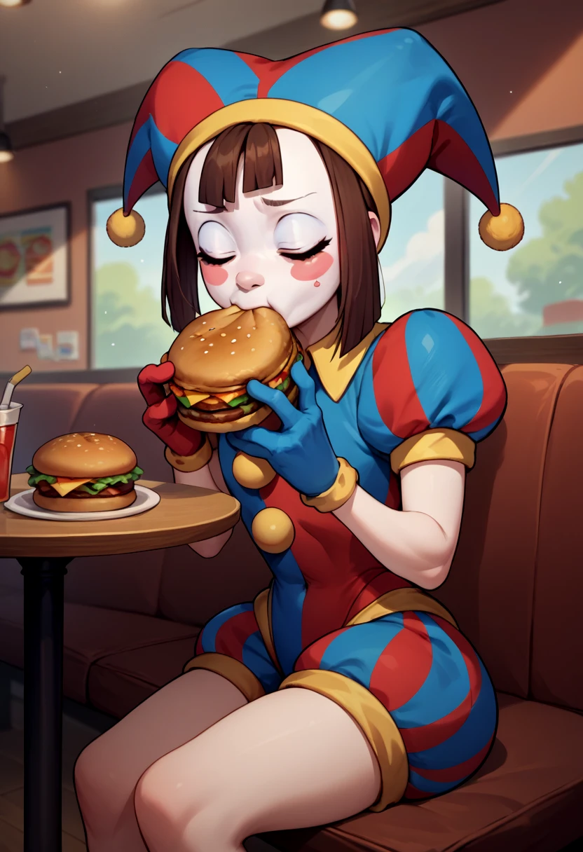 score_9, score_8_up, score_7_up, solo, 1girl, pomni, colored skin, blush stickers, sitting, eating, holding hamburger, jester cap, closed eyes, striped clothes, puffy short sleeves, mismatched gloves, puffy shorts, indoors, restaurant, table <lora:digitalcircus_pomni_ponyXL:1>