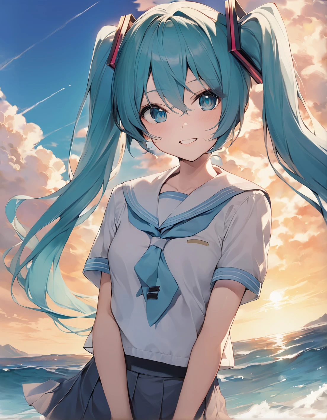 masterpiece, best quality,1girl, hatsune miku, aqua eyes, aqua hair, long hair, twintails, serafuku, pleated skirt, bangs, outdoors, light smile, small breasts,