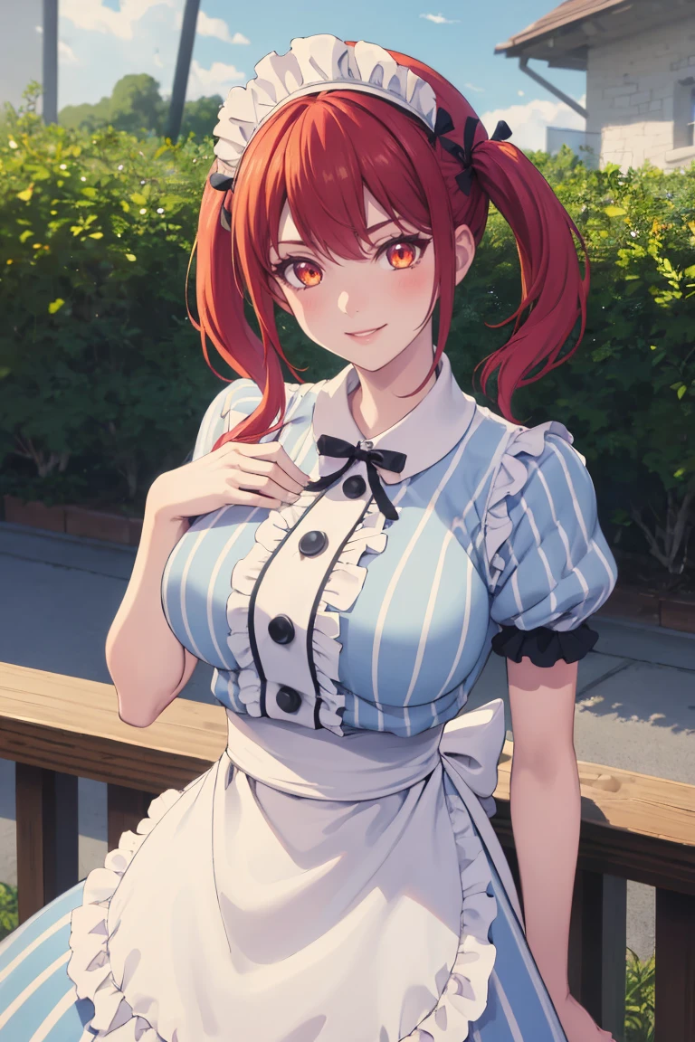 masterpiece, best quality, absurdres, 1girl, solo, red hair, twintails, orange eyes, large breasts, CafeTerraceUniform, maid headdress, striped dress, white apron, black ribbon, smile, <lora:CafeTerraceUniform:1>