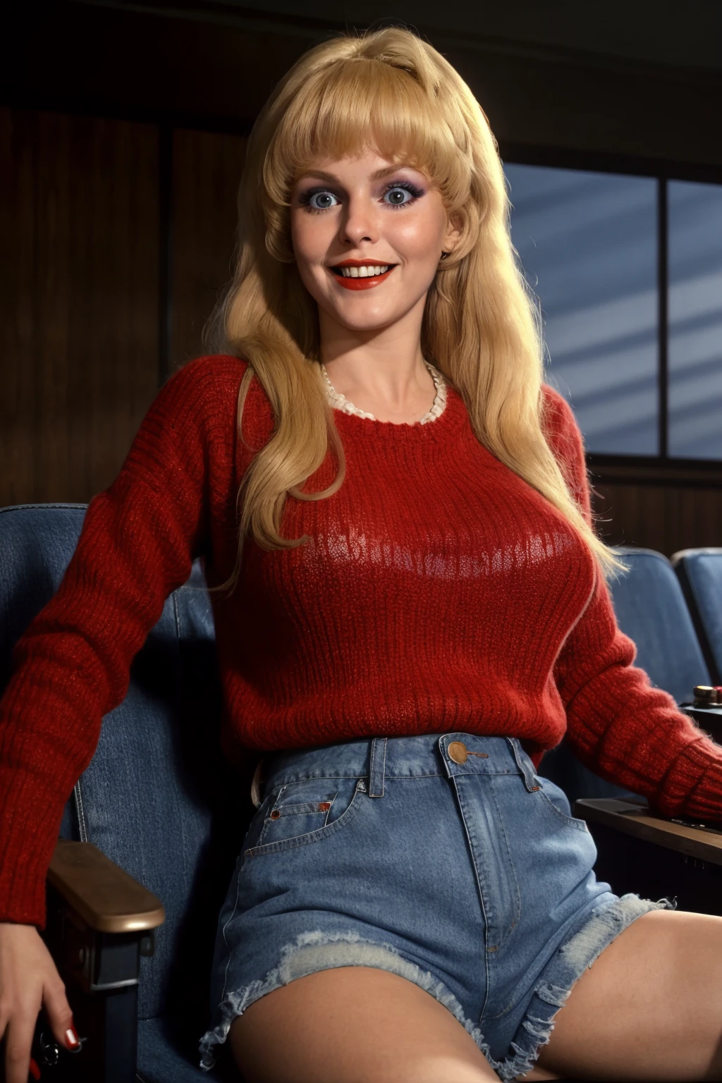 <lora:Eufaula_Roop:1>,EufaulaRoop, wearing a red sweater and blue denim shorts, wide-eyed, heavy 1970s makeup, smile, sitting in a movie theatre, (insanely detailed, detailed face, masterpiece, detailed eyes, best quality), full length body shot