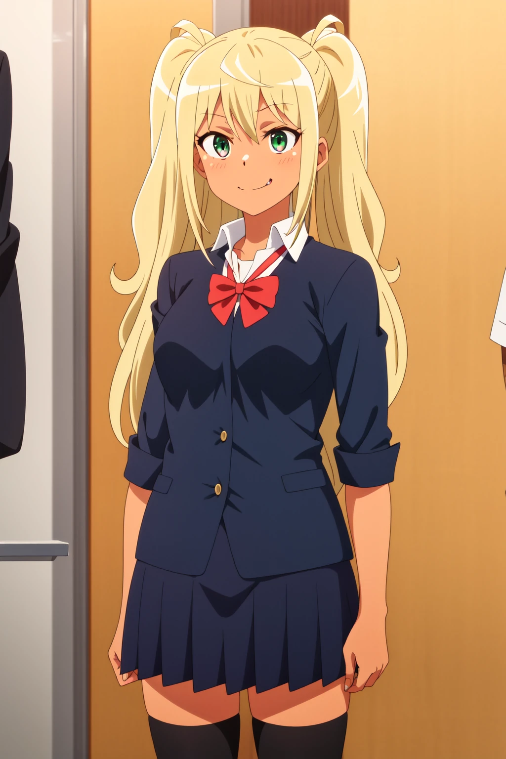 <lora:anime_screencap_v2:0.3> tall body, tall, long legs, mature female, mature, adult, <lora:GoodHands-vanilla:1.4>, simple background
<lora:eft_dumbell_blonde:0.7> eft_dumbbell_blonde, thighhighs, blonde hair, skirt, school uniform, long hair, smile, bow, pleated skirt, shirt, green eyes, bowtie, white shirt, twintails, red bow, brown hair, short sleeves, ponytail, gyaru, red bowtie, indoors, dark skin, black hair, dark-skinned female, happy, standing, collared shirt, tan, breasts, bangs, short hair, fang, closed mouth, solo focus, two side up