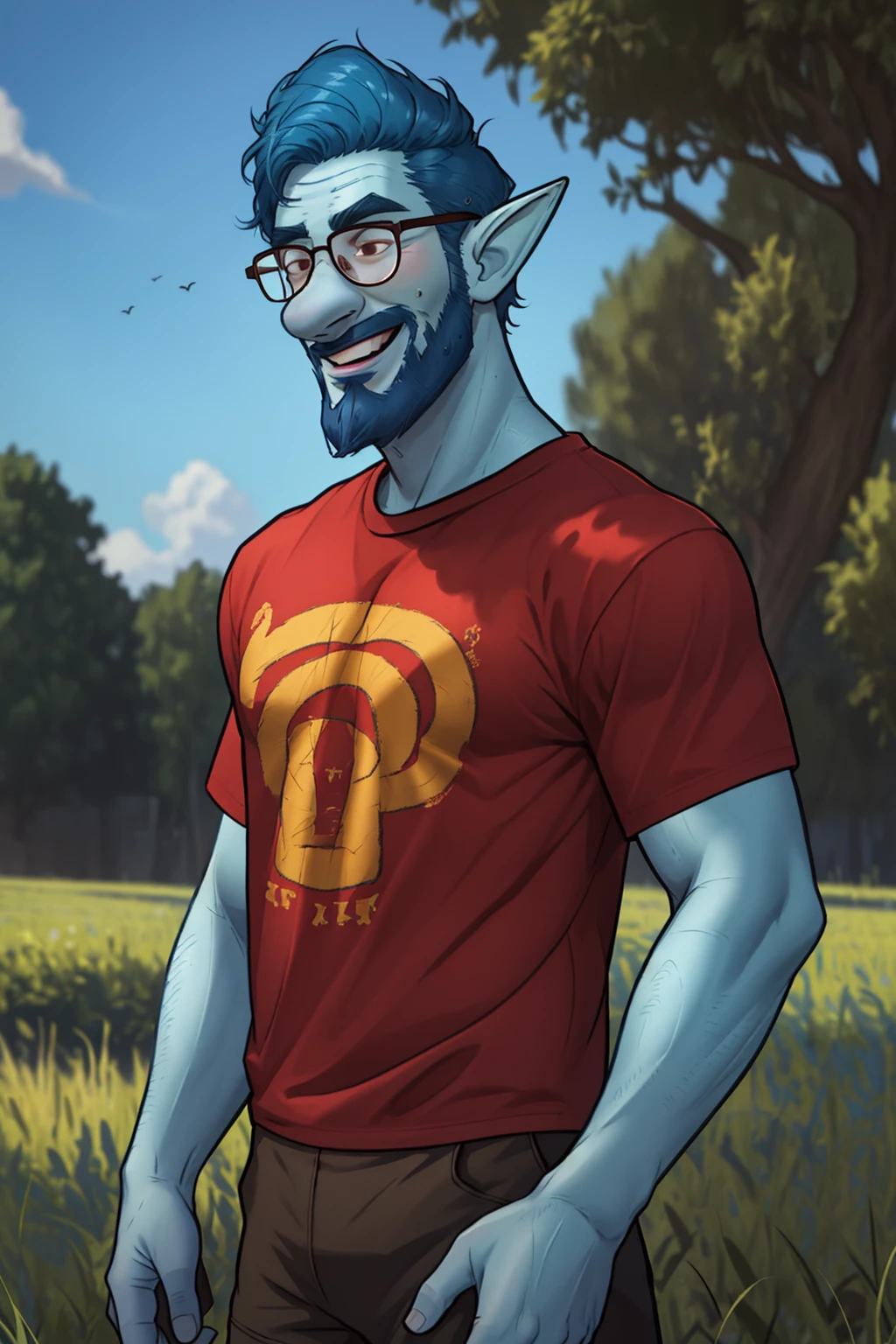 (1 image only),  solo male,  Wilden Lightfoot,  Pixar Animation Onward,  blue skin,  dark blue hair,  short hair,  brown eyes,  thick eyebrows,  pointy ears,  facial hair,  beard,  black-framed-glasses,  (red t-shirt:1.2),  khaki shorts,  mature,  bara,  dilf,  handsome,  charming,  alluring,  smile,  standing,  upper body,  perfect anatomy,  perfect proportions,  (best quality,  masterpiece),  (perfect eyes,  perfect eye pupil),  perfect hands,  high_resolution,  dutch angle,  cowboy shot,  green field,<lora:EMS-300322-EMS:0.700000>