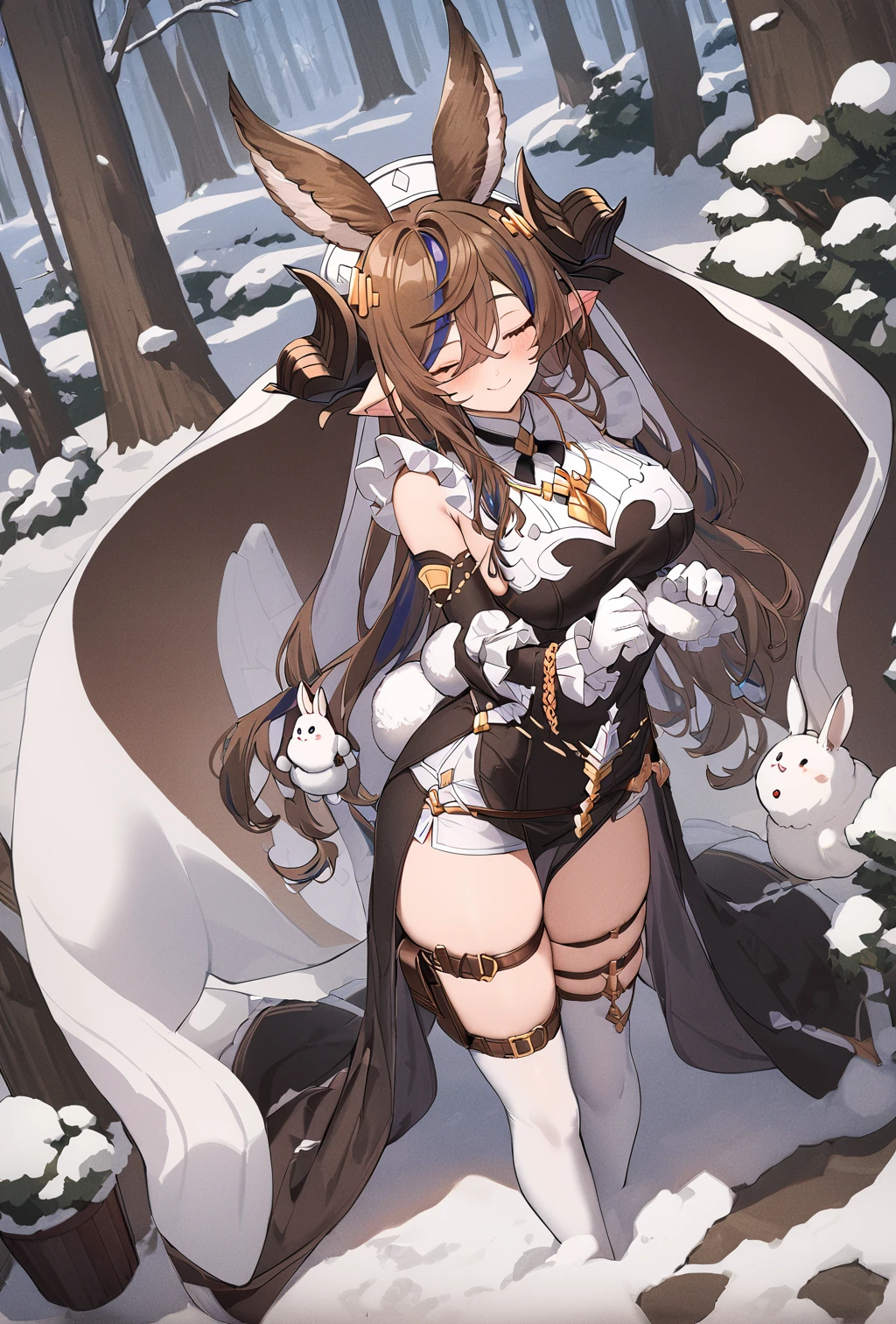 closeup cleavage, 梦想的at a forest世界, fox ear, Orange ponytail curly hair, Fox-eared beast girl, collars, at a forest, humanoid creature, Original animal leather jacket, Her skin is wheat-colored, Wheat-colored complexion, Green-eyed, Black sclera, messy brown hair, (Holding a short knife), camel top,blackstockings, The barefoot