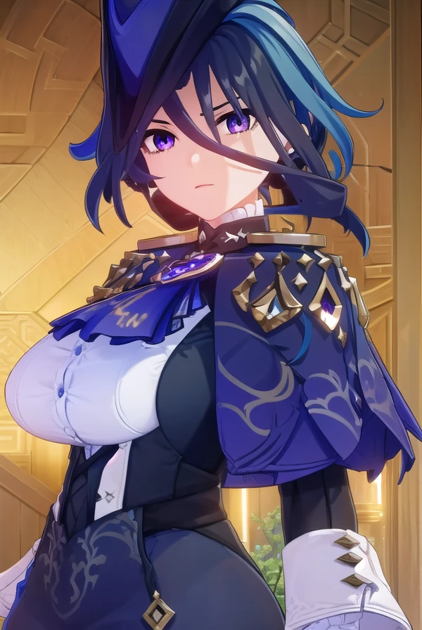 genshinclorinde, <lora:genshin clorinde ingame-lora-nochekaiser:1>,
clorinde, blue hair, (purple eyes:1.1), short hair, streaked hair,
BREAK skirt, gloves, hat, jacket, pantyhose, white gloves, blue headwear, ascot, pauldrons, brooch, corset,
BREAK outdoors,
BREAK looking at viewer, (cowboy shot:1.5),
BREAK <lyco:GoodHands-beta2:1>, (masterpiece:1.2), best quality, high resolution, unity 8k wallpaper, (illustration:0.8), (beautiful detailed eyes:1.6), extremely detailed face, perfect lighting, extremely detailed CG, (perfect hands, perfect anatomy),