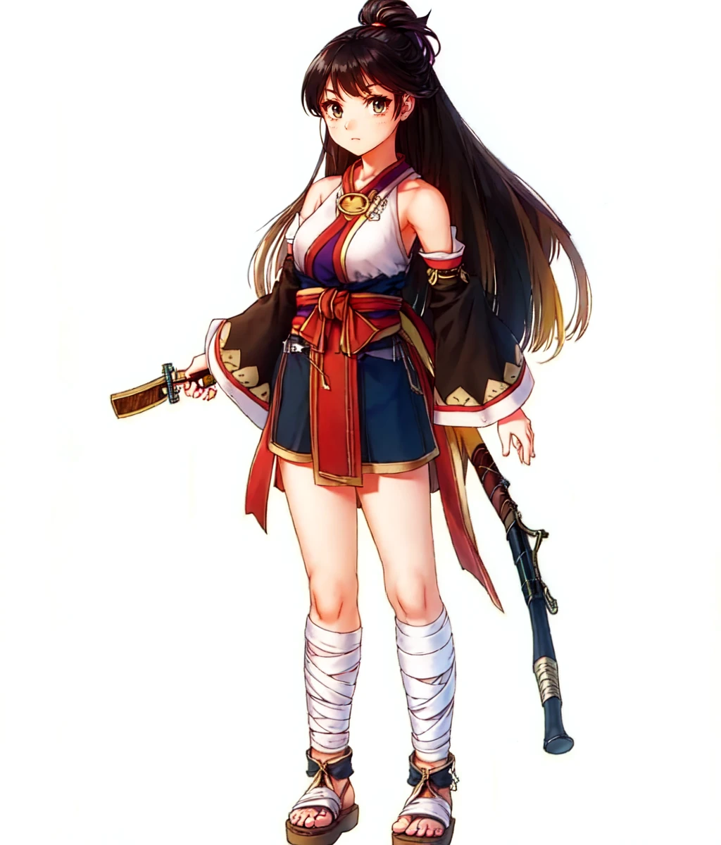 masterpiece, white background, simple background , standing, full body, 1girl, solo, looking at viewer, long hair, black hair, top knot, ninja, bare shoulders, detached sleeves, long sleeves. sandals, bandages, flintlock, rifle <lora:Females Suiko:1>
