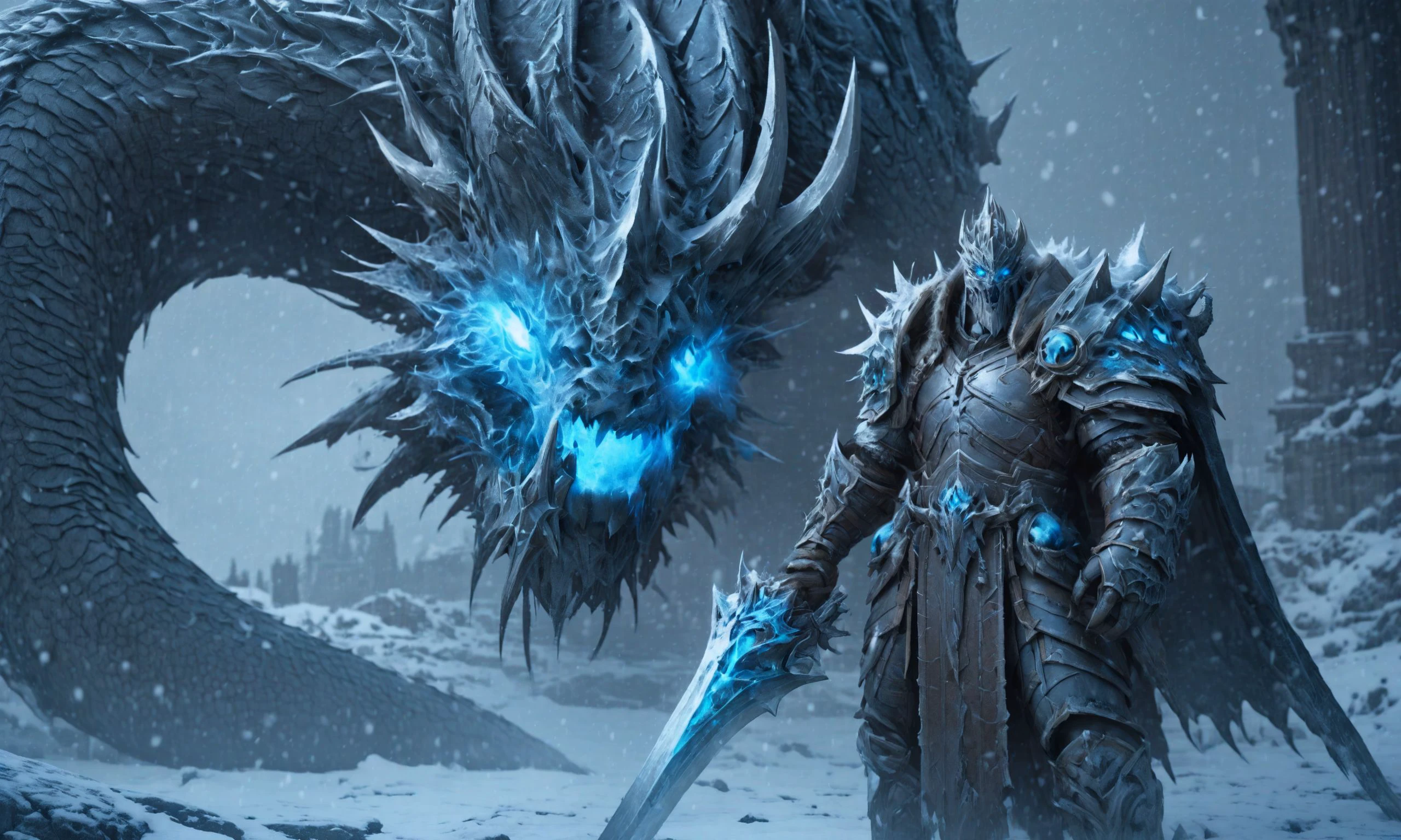 deathknight style,a powerful artifact that can grant immortality is guarded by a powerful dragon,8k,masterpiece,realistic,glowing eyes,epic,trending on artstation,hyperdetailed photography,sharp focus,frost theme,(philip kennedy johnson:1.2), <lora:deathknightsyleXL-000004:0.7>,snowing