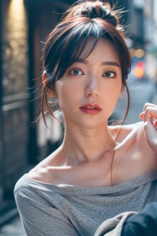 iu1, close up portrait, wearing white wet shirt bathing in a river, reeds, (backlighting), realistic, masterpiece, highest quality, lens flare, shade, bloom, looking at camera,