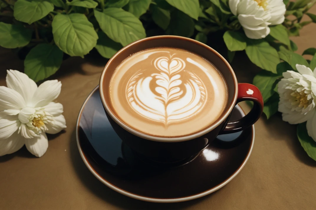 a cup of coffe with latte art,  <lora:Flowering_slider:4>