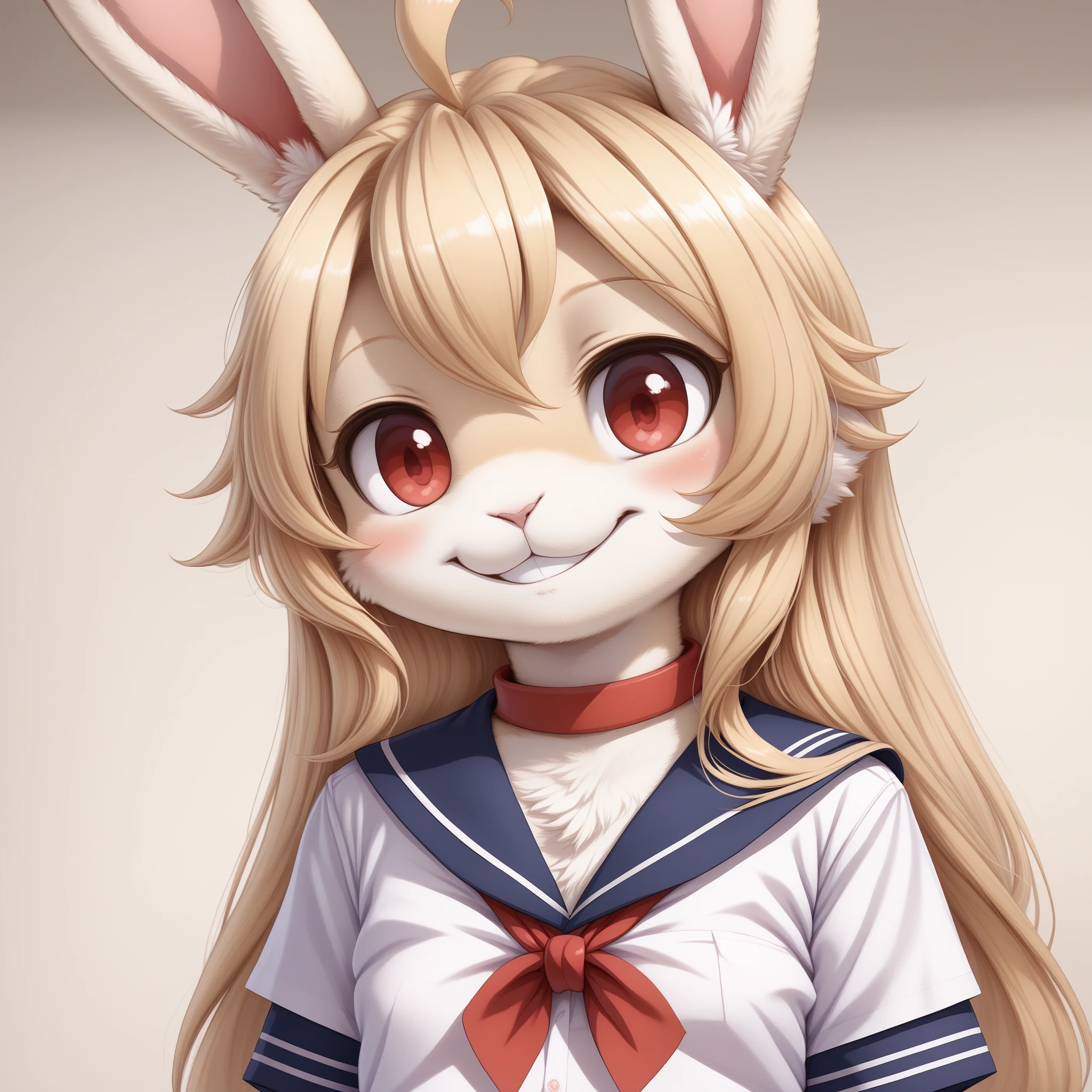 masterpiece, best quality, highres,  <lora:meat rabbit_LORA:1>  furry, rabbit, 1girl, Smile, blond, very long hair, ahoge, red eyes, sailor_collar, school_uniform, simple interior, soft and even, warm colors, pleasant and friendly, facing forward